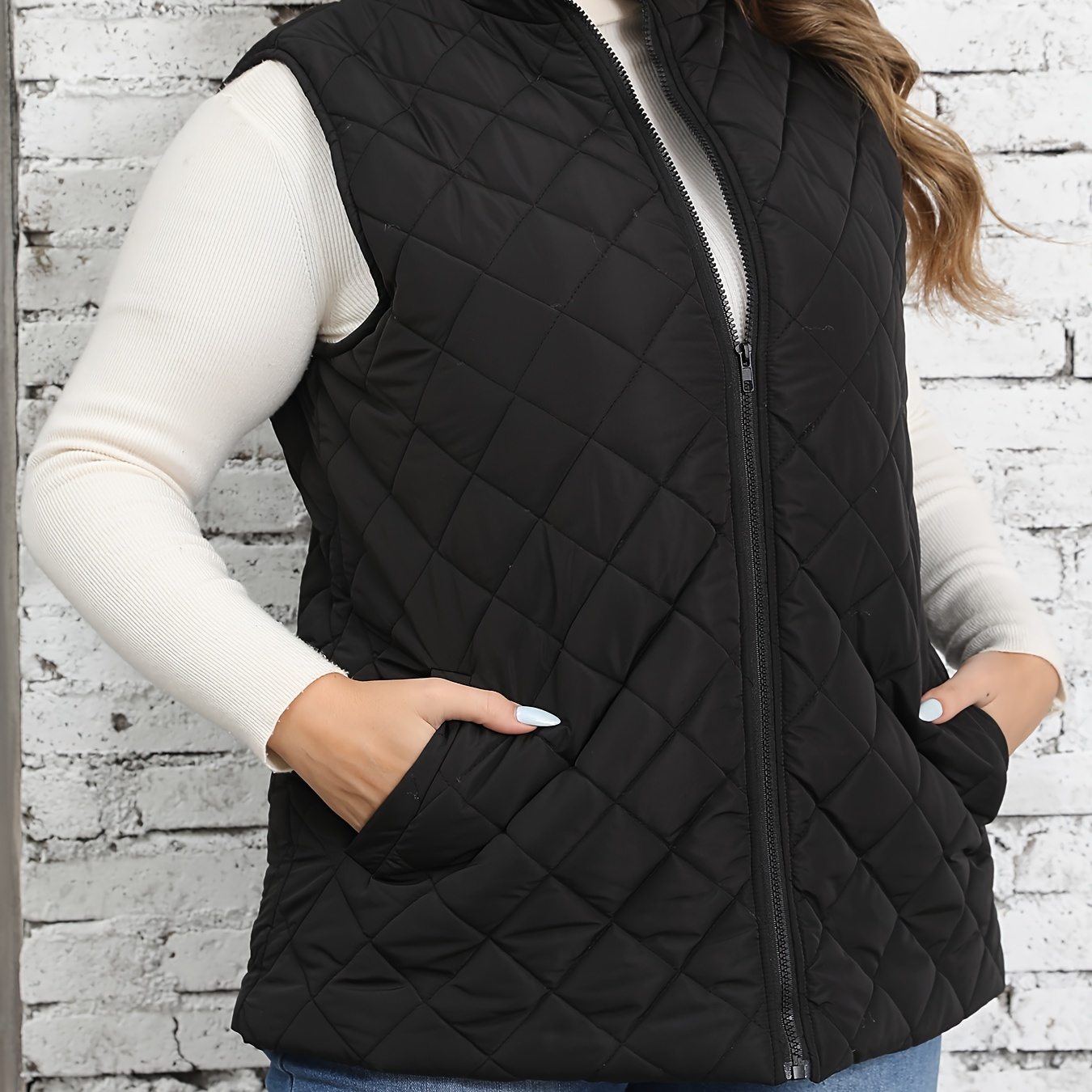 

Plus Size Quilted Zip Up Vest Coat, Casual Sleeveless Slant Pockets Gilet Jacket For Fall & Winter, Women's Plus Size Clothing