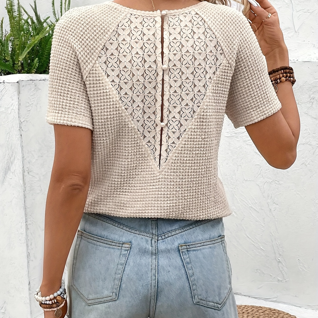 

Contrast Lace V Neck T-shirt, Casual Waffle Solid Short Sleeve Top For Spring & Summer, Women's Clothing