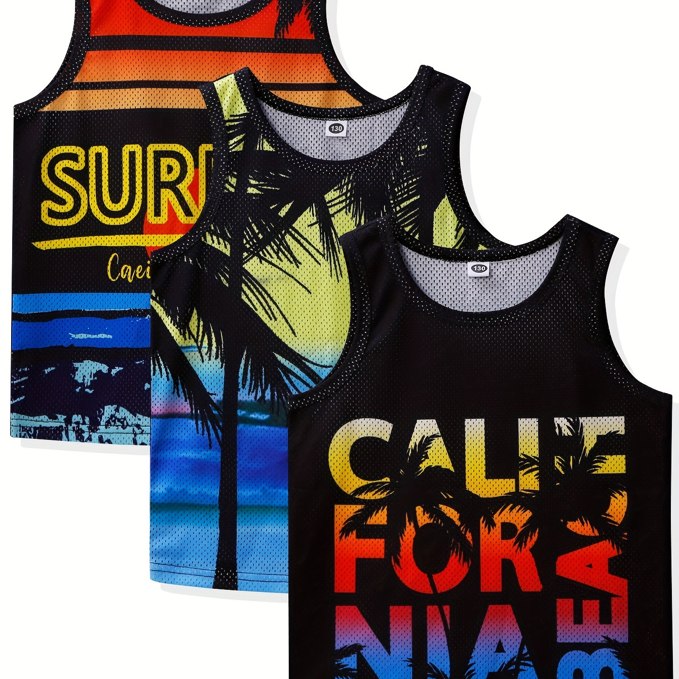 

3-pack Tropical Print Tank Top Breathable Mesh Vest California Beach Street Wear Hawaii Print Boys Summer Sleeveless Tops