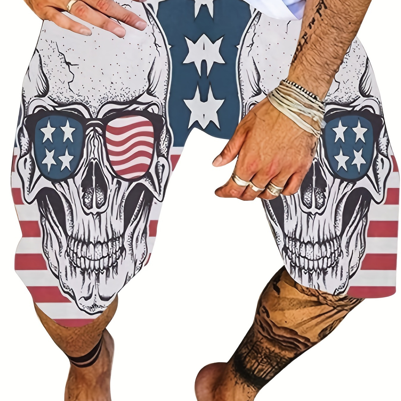 "American Skull" Graphic Plus Size Men's Beach Shorts Pants, Elastic Drawstring Holiday Sports Short Pants