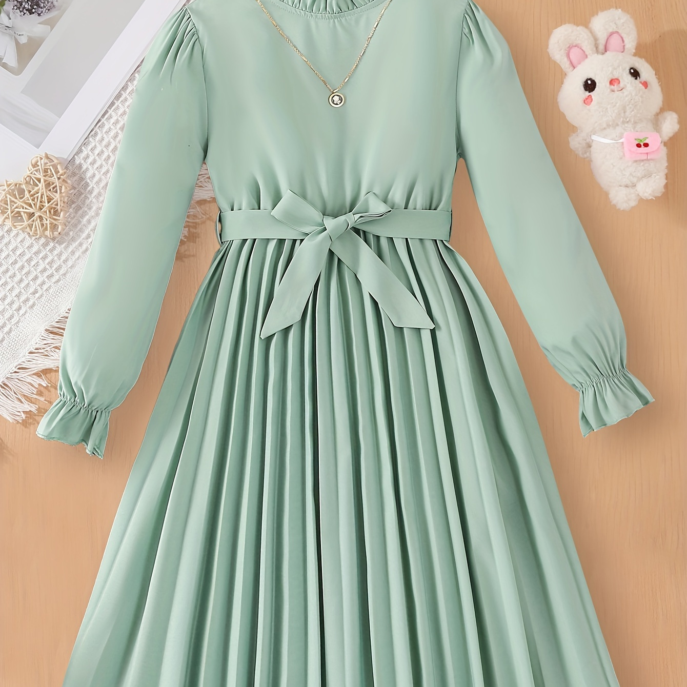 

Tween Girls Elegant Green Dress Long Sleeve Ruffle Collar Pleated Midi Dress & Belt For Spring And Autumn