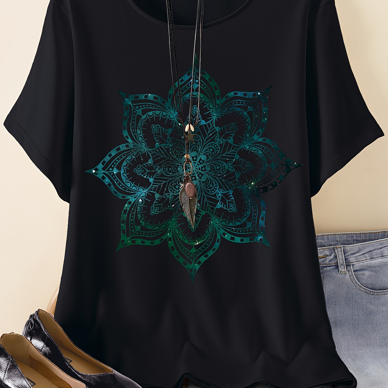 

Stretchy Fit] Women's Plus Size Casual With Teal Mandala Print - Short Sleeve, Round Neck, Stretchy Polyester , Machine Washable - Stylish & Comfortable, Plus Size Shirts