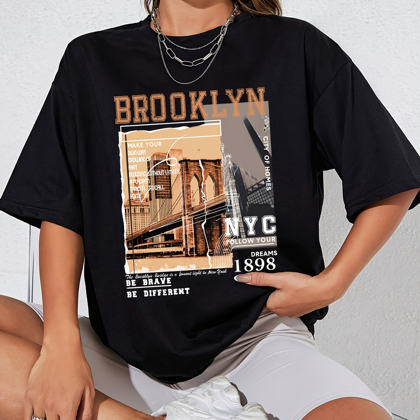 

Letter & City Landscape Print Drop Shoulder T-shirt, Short Sleeve Crew Neck Casual Top For Spring & Summer, Women's Clothing