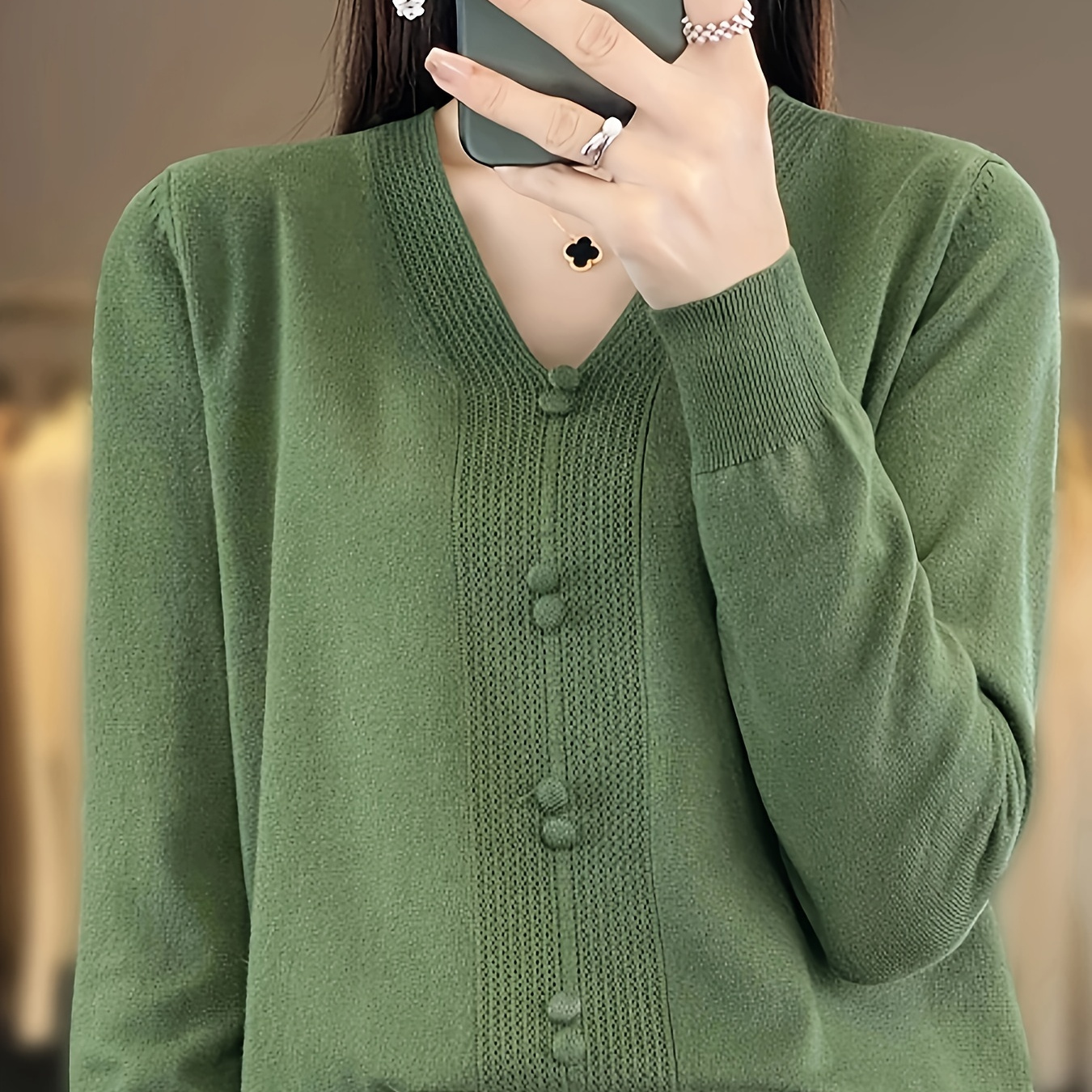 

Large Size Casual Knitted Sweater With Plain Color V-neck And Button