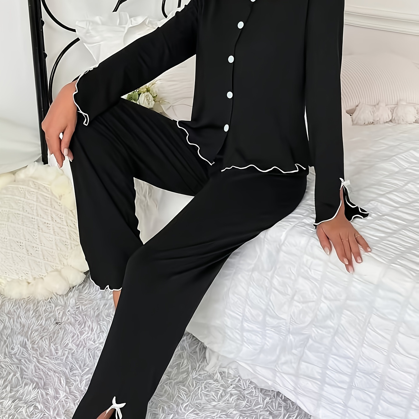 

Women's Elegant Solid Frill Trim Split Hem Pajama Set, Long Sleeve Buttons Round Neck Top & Pants, Comfortable Relaxed Fit For Fall