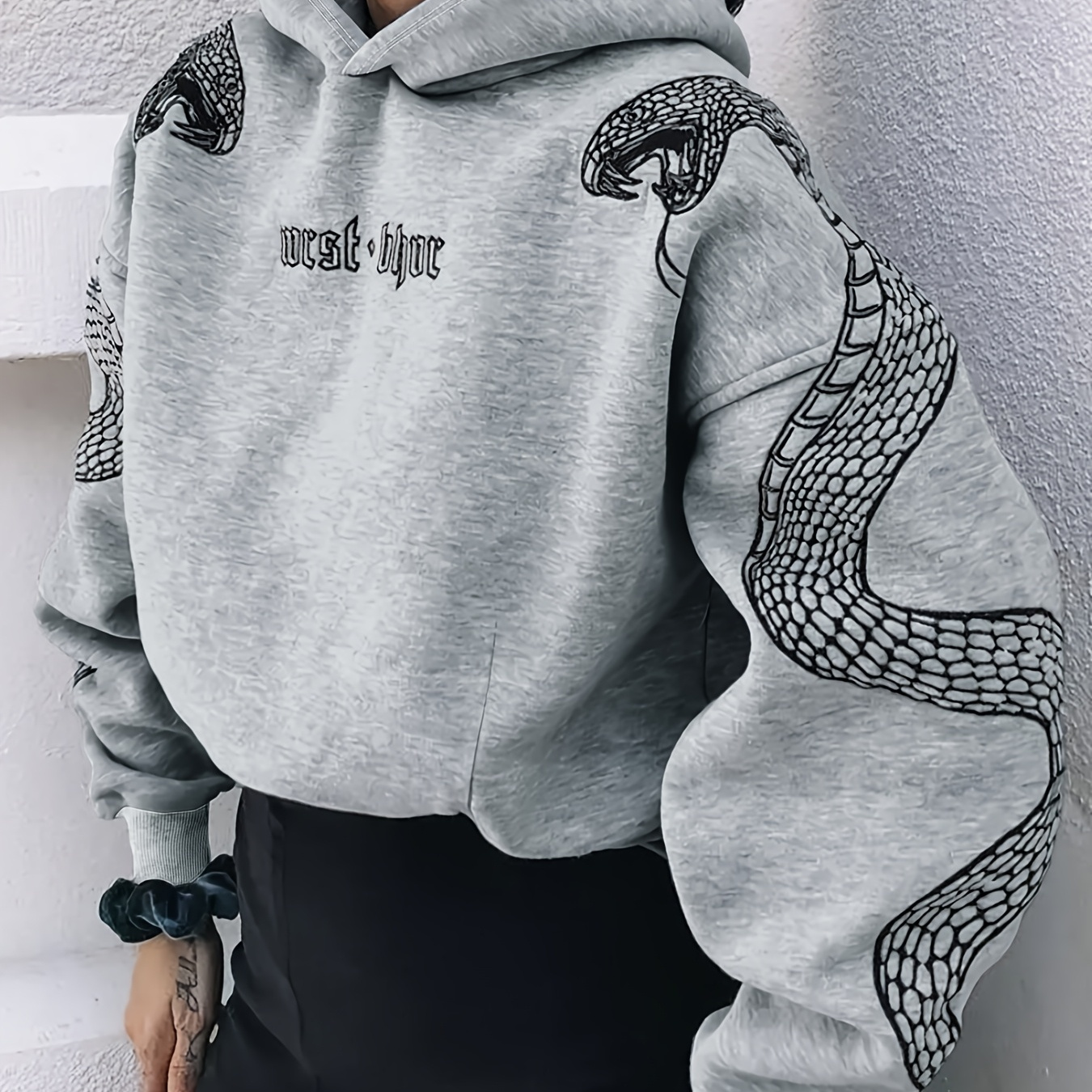 

Y2k Street Style Hooded Sweatshirt, Fall/winter Polyester 100% Knit Fabric With Alphabet Snake Print, Fashion Casual Pullover With Hood Collar