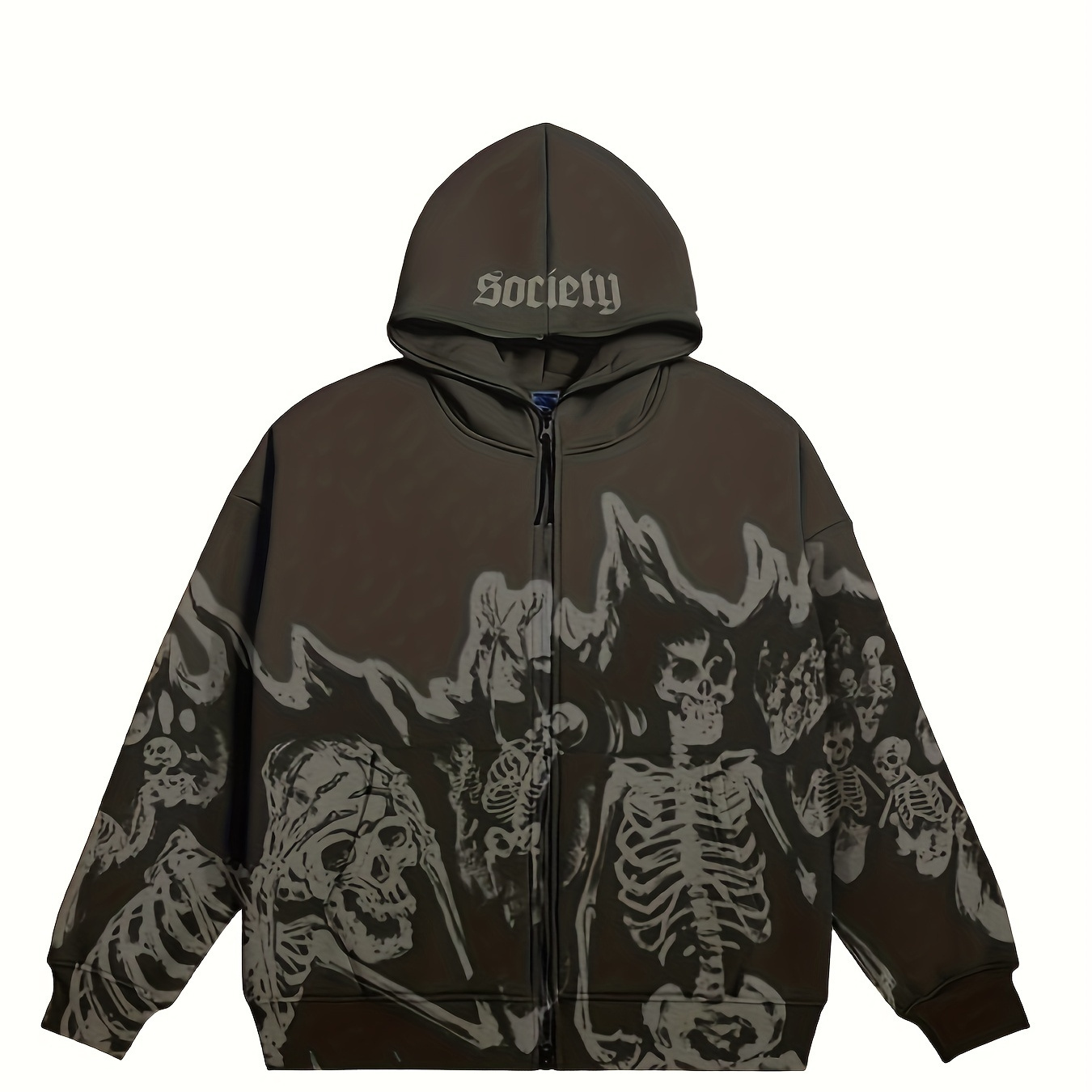 

1pc Men's Edgy Skeleton & Rose Embroidered Zip-up Hoodie - Dance Skateboarding Style, Cotton , Machine Washable, Loose Fit, Wear