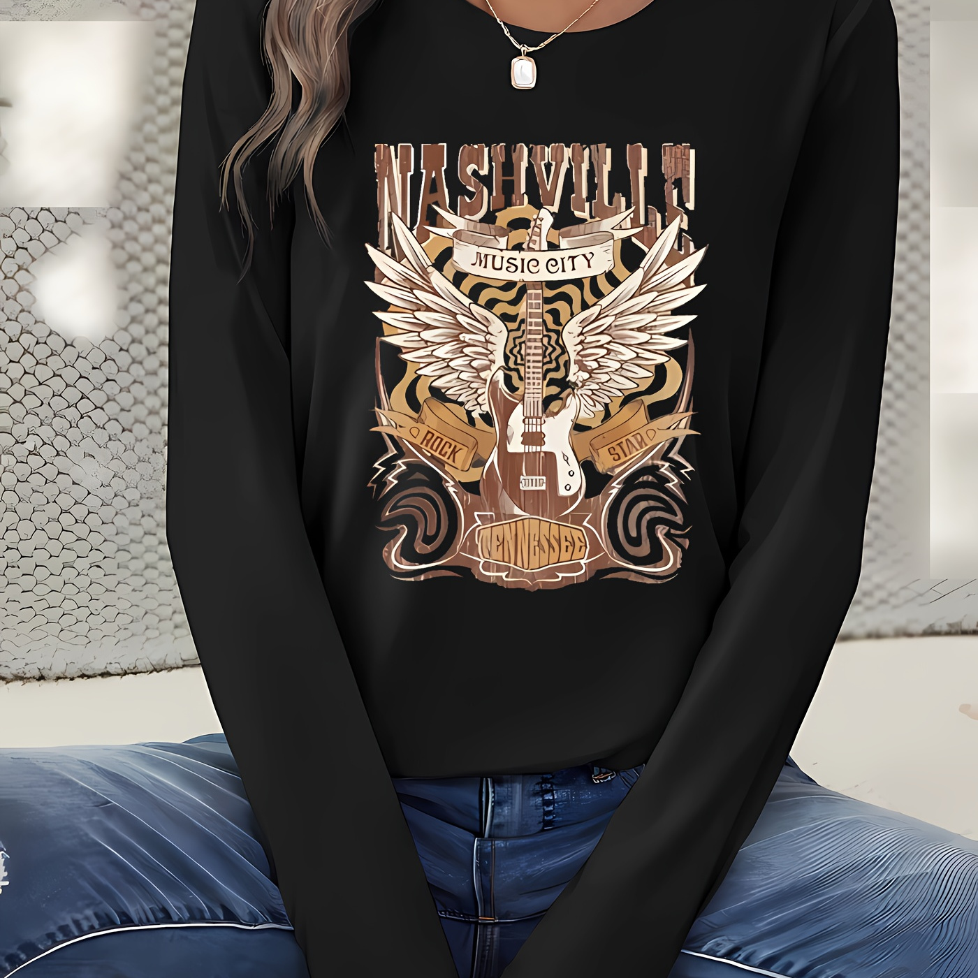 

Nashville Graphic Long Sleeve T-shirt Women's Casual Crew Neck Tee With Medium Stretch Polyester Knit Fabric - Vintage Style Printed Top For All Seasons