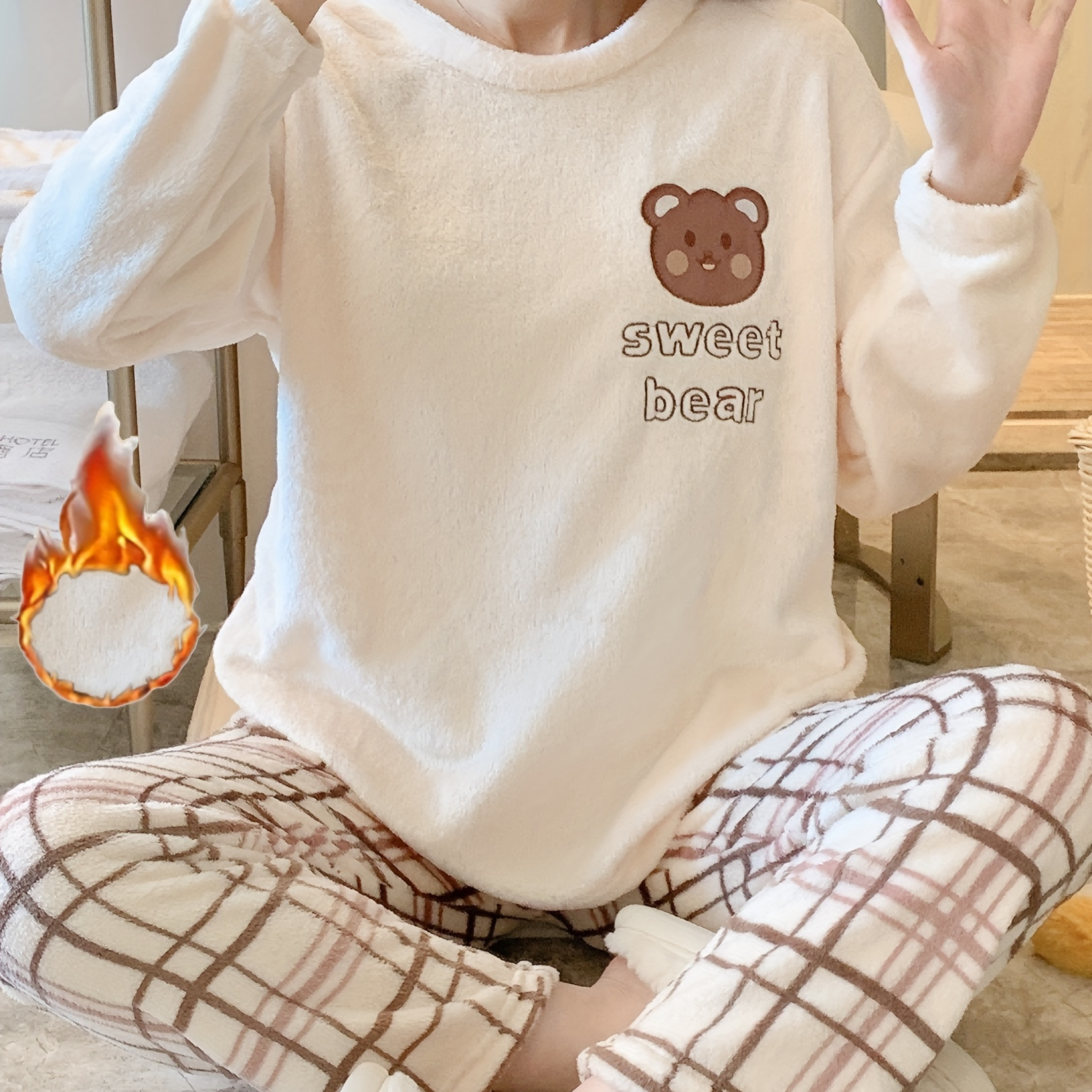 

Cute & Warm Teddy Bear Pattern Loungewear Pajamas, Long Sleeve Pullover Tops & Plaid Pants, Women's Sleepwear & Loungewear