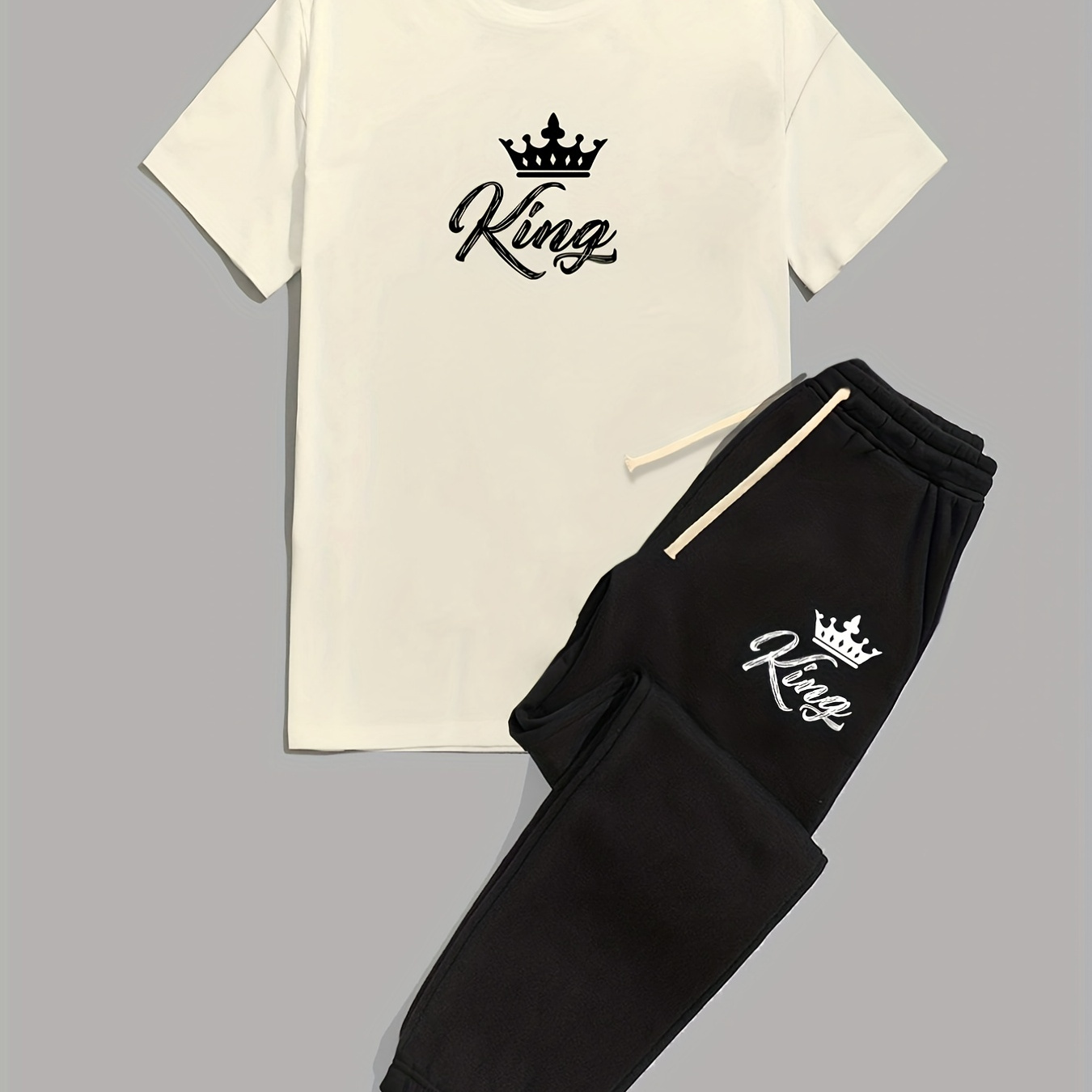 

Men's Creative "king" Graphic Print Casual T-shirt Outfit Set, Round Neck Short Sleeve Tee And Drawstring Sweatpants