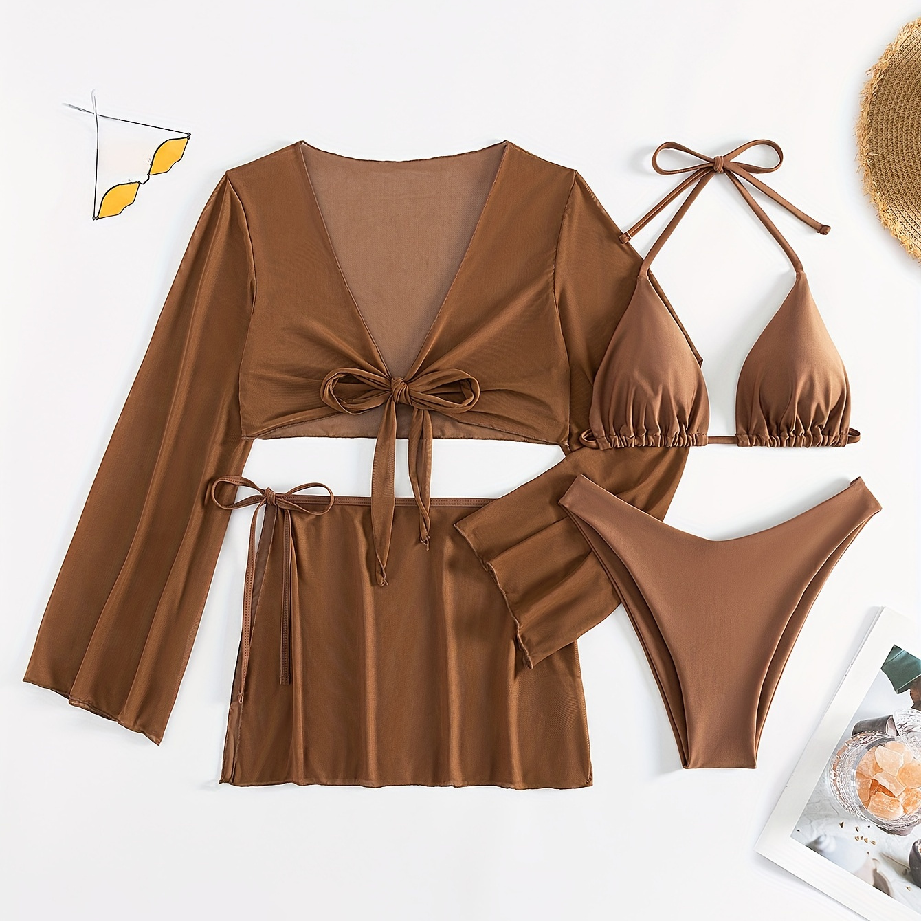 

Solid Color 4-piece Bikini Set With Long Sleeve Top, Waist Tie Skirt, Beachwear, Fashion Swimwear, Poolside Outfit, Summer Essentials