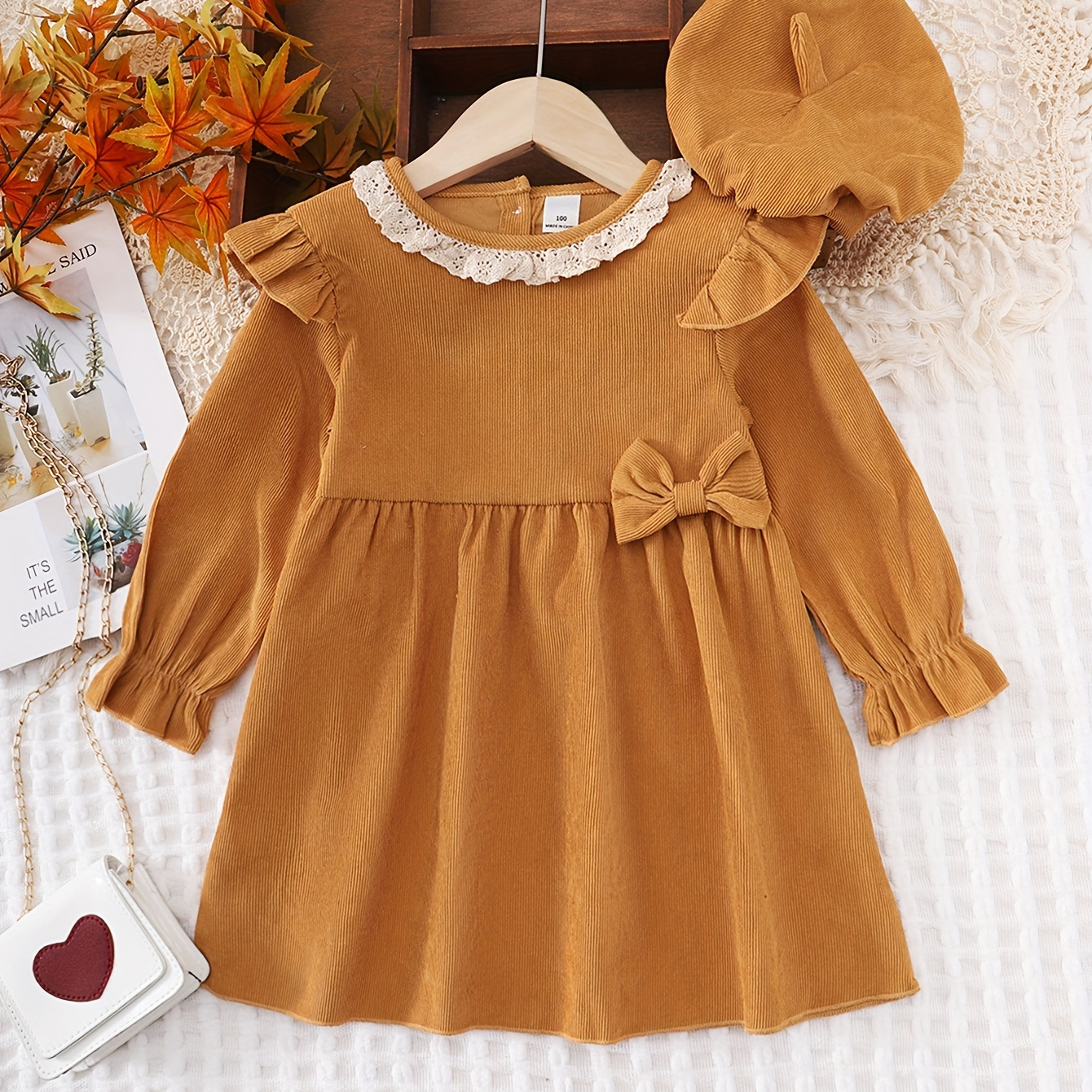 

Girls Preppy Style Solid Color Dress, Autumn Bow Ruffle Lace Neck Baby Long Sleeve Casual Dress, Girls Kids Clothes Fall Princess Dress With Hat