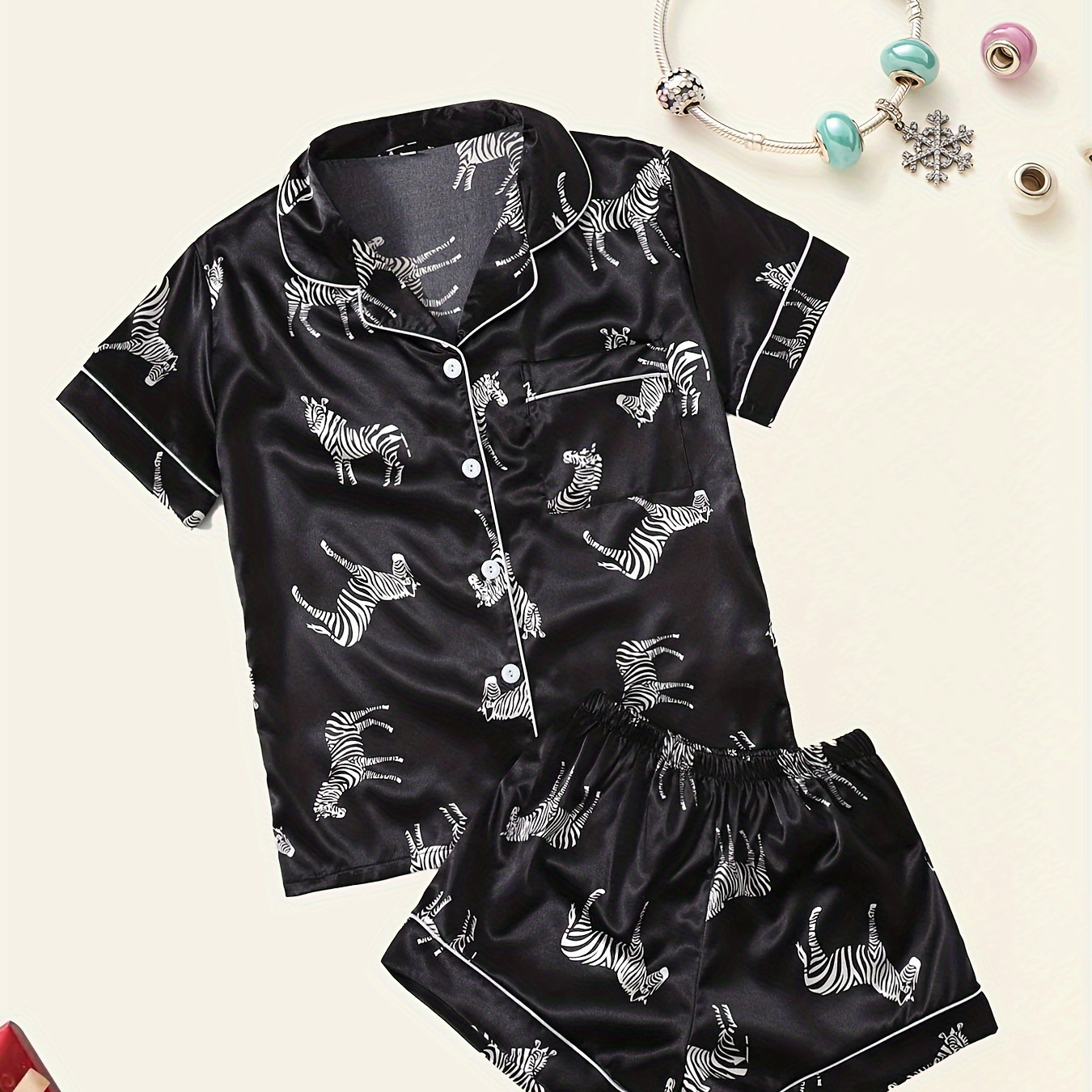

Zebra Print Satin Pajama Set, Casual Short Sleeve Buttons Lapel Top & Elastic Shorts, Women's Sleepwear