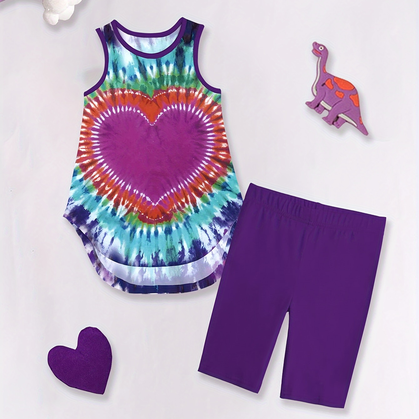 

Girl's Novelty Tie-dye Set, Heart Pattern Longline Tank Top With Shorts, Casual Two-piece Set