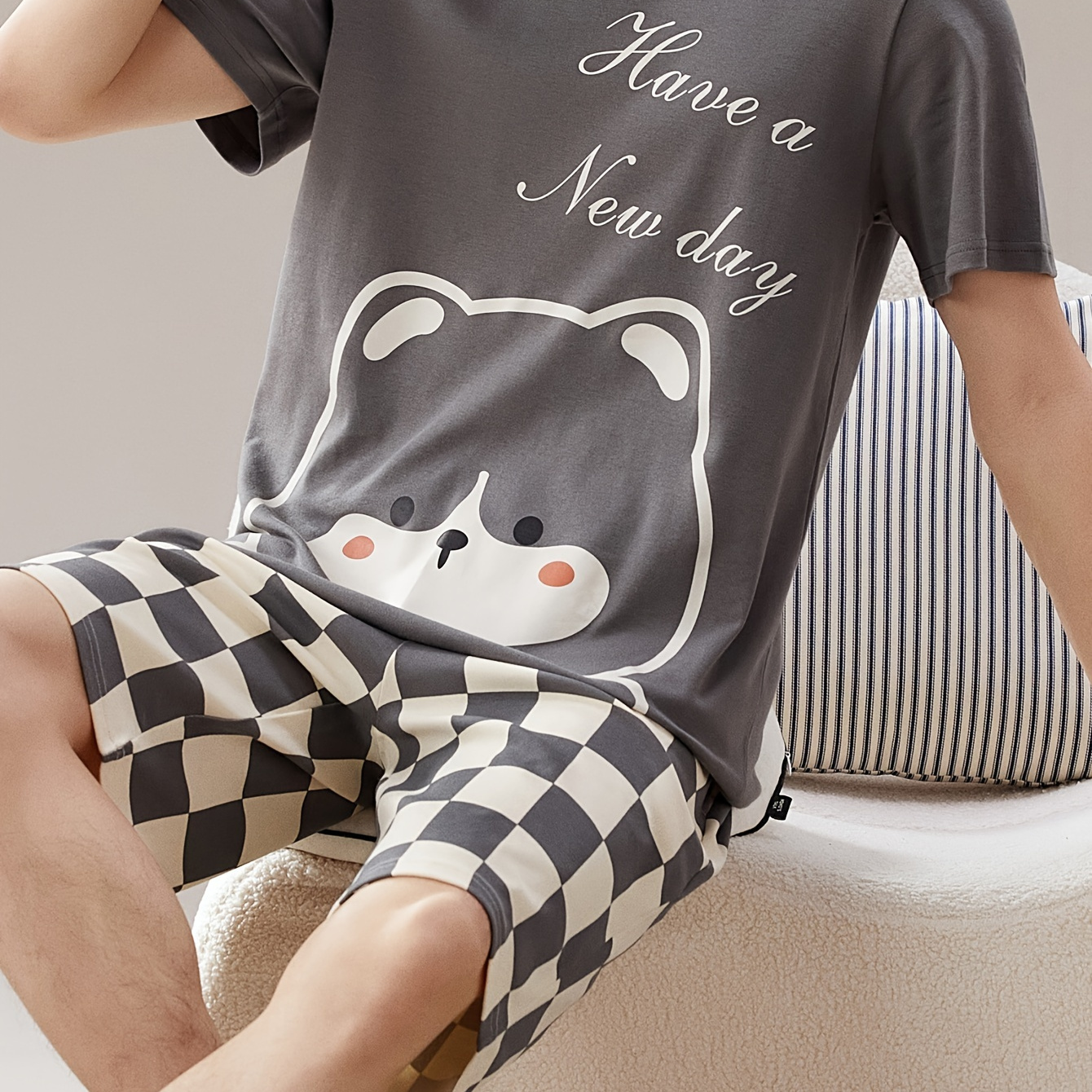 

Men's Trendy Casual Comfy Tees & Shorts, Bear Graphic Print Crew Neck Short Sleeve T-shirt & Loose Checkered Shorts Home Pajamas Sets, Outdoor Sets For Summer