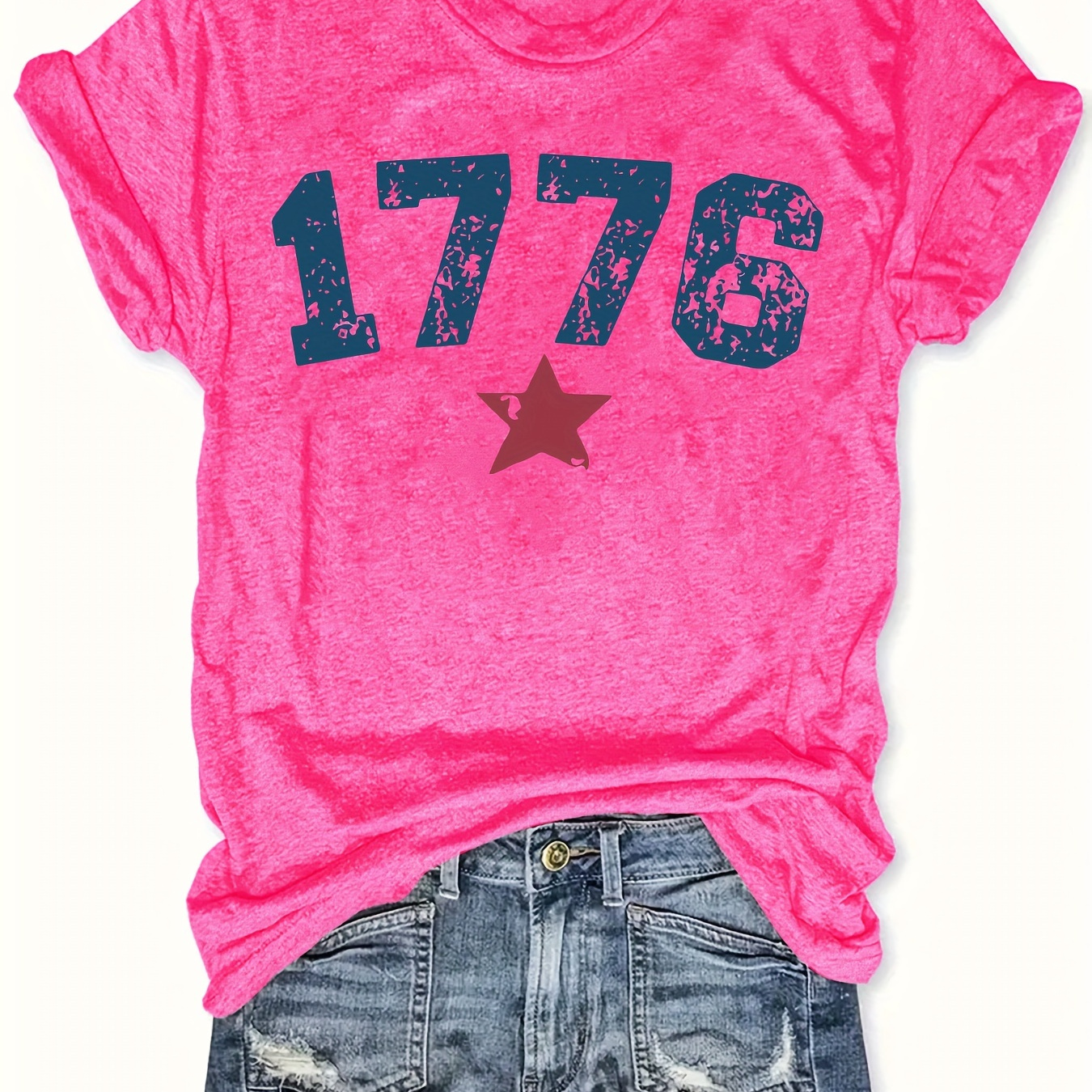 

1776 Print T-shirt, Casual Crew Neck Short Sleeve Top For Spring & Summer, Women's Clothing