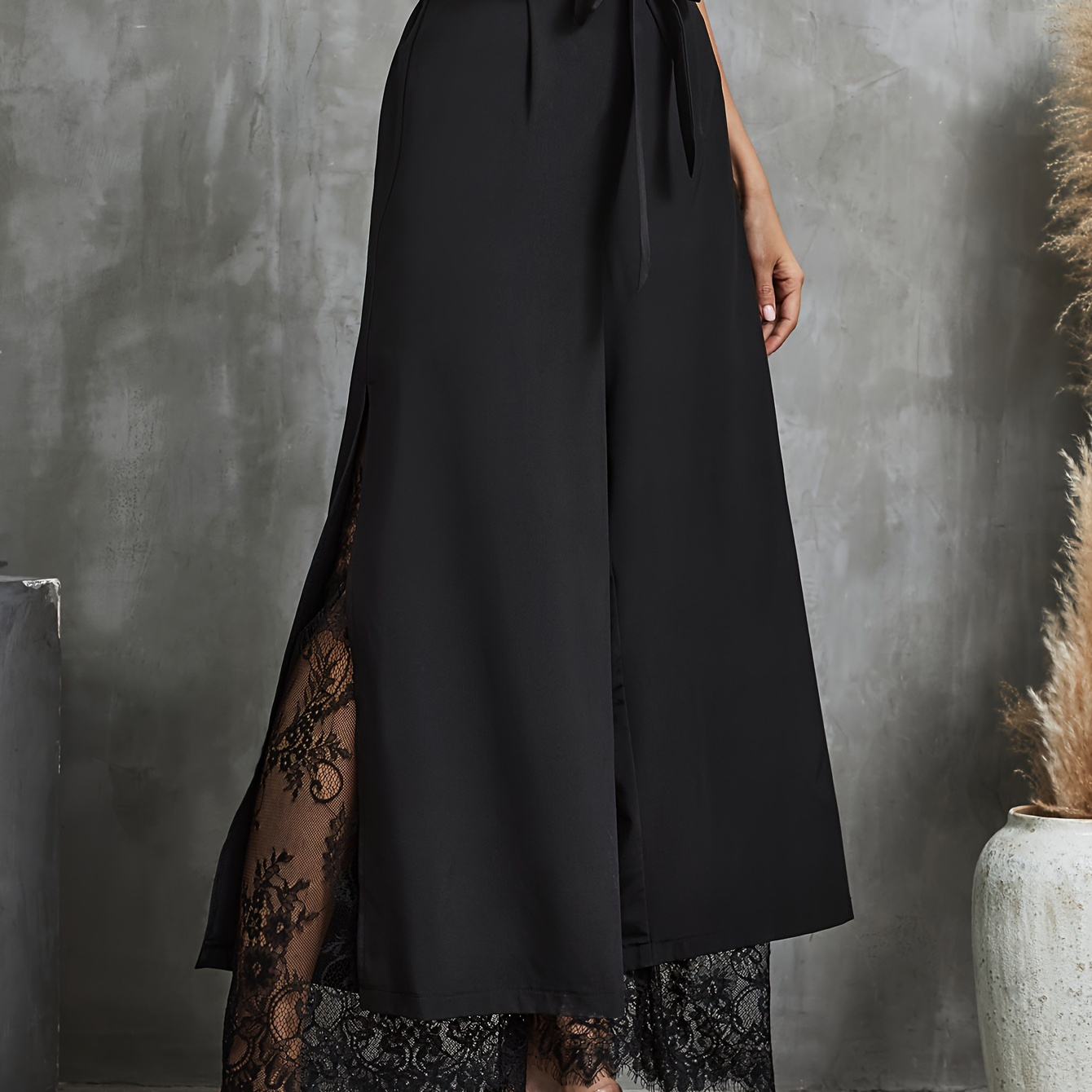 

Lace Wide Leg Pants, Elegant Elastic High Waist Pants, Women's Clothing
