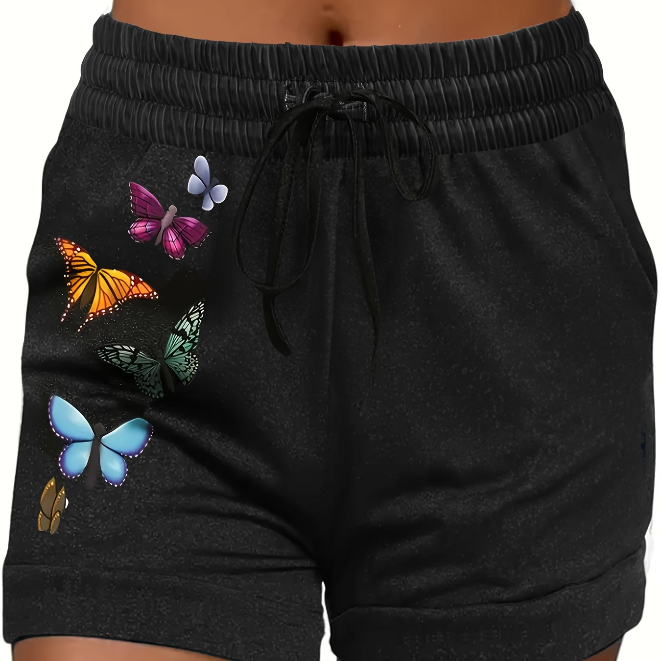 

Plus Size Butterfly Print Shorts, Casual Elastic Waistband Shorts For Spring & Summer, Women's Plus Size clothing