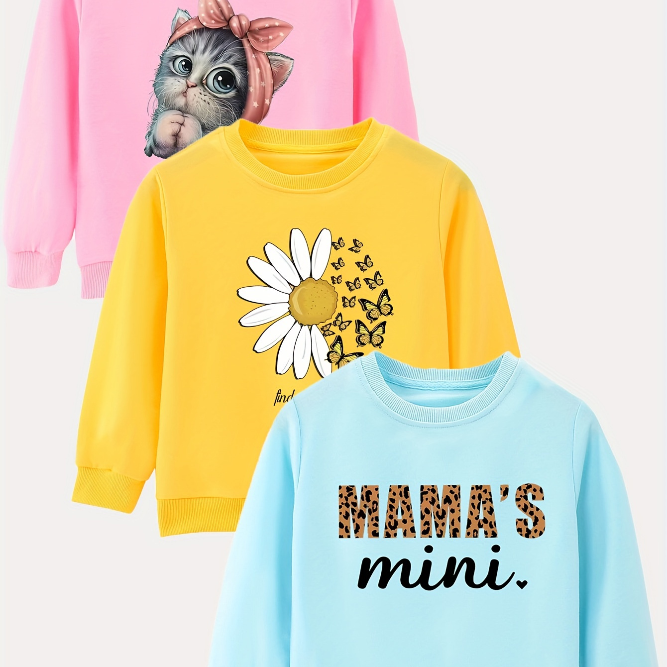

3pcs Girl Sweatshirt Set: Cute Cat, Mama's Mini And Princess Print, Comfy Fashionable Long Sleeve Tops Pullover