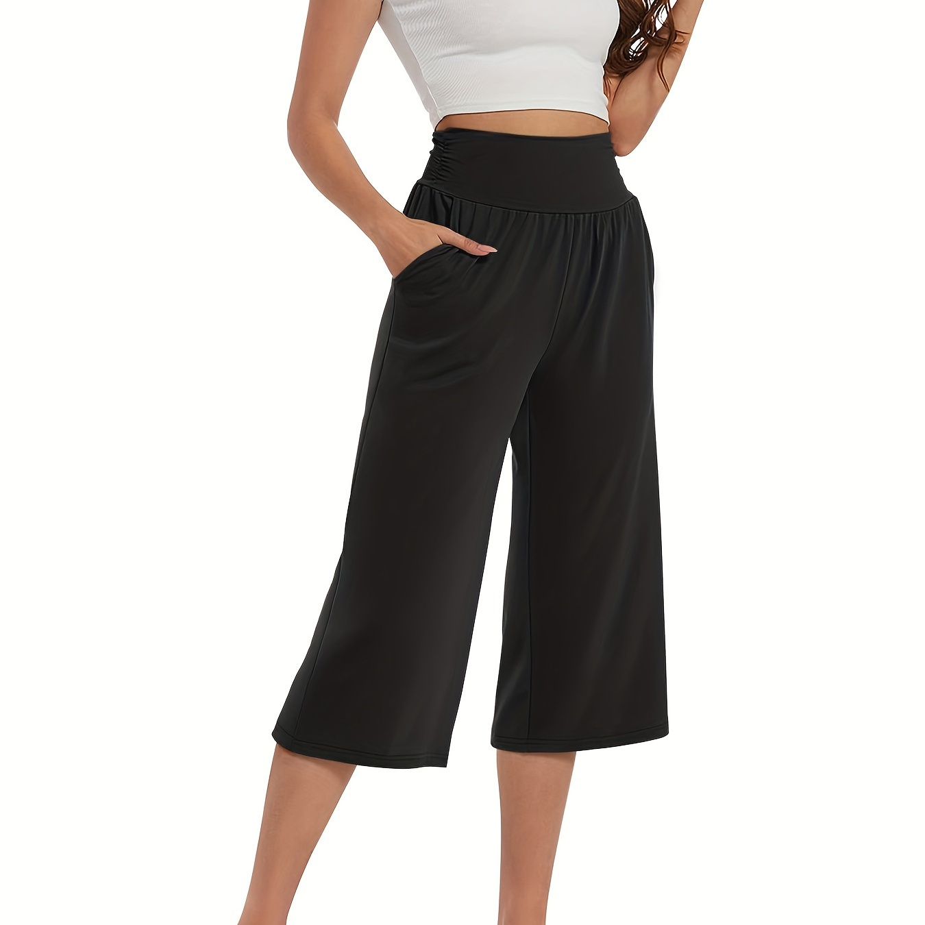 

Women's Fashion Casual Sporty Capri Pants, Trendy Mid-calf Length, Casual Elastic Waistband, Comfort Fit, Versatile Solid Black, Breathable Summer Wear