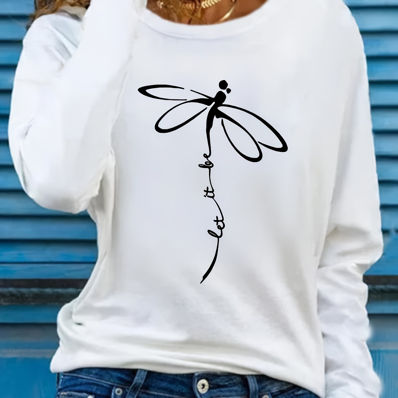 

Women's Casual Long Sleeve T-shirt With Unique Dragonfly Print - Crew Neck, Soft Polyester , Machine Washable, Non-see-through, Fall & Winter - In Black, Sizes S To Xl