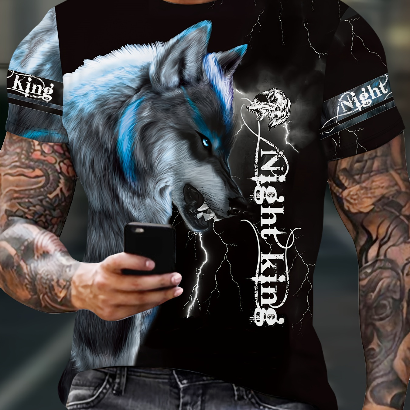 

Men's 3d Digital Wolf With Blue Stripe Graphic And Lightning Pattern And Alphabet Print "night King" T-shirt With Crew Neck And Short Sleeve, Novel And Stylish Tops For Summer Outdoors Wear