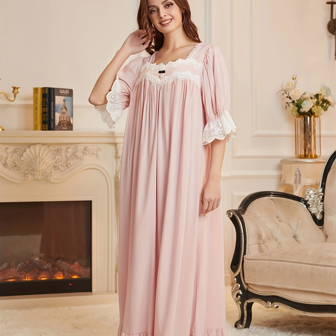 

Women's Retro Solid Contrast Lace Sleepwear Dress, Bell Sleeve Square Neck Loose Fit Ruffle Hem Maxi Dress, Comfortable Nightgown