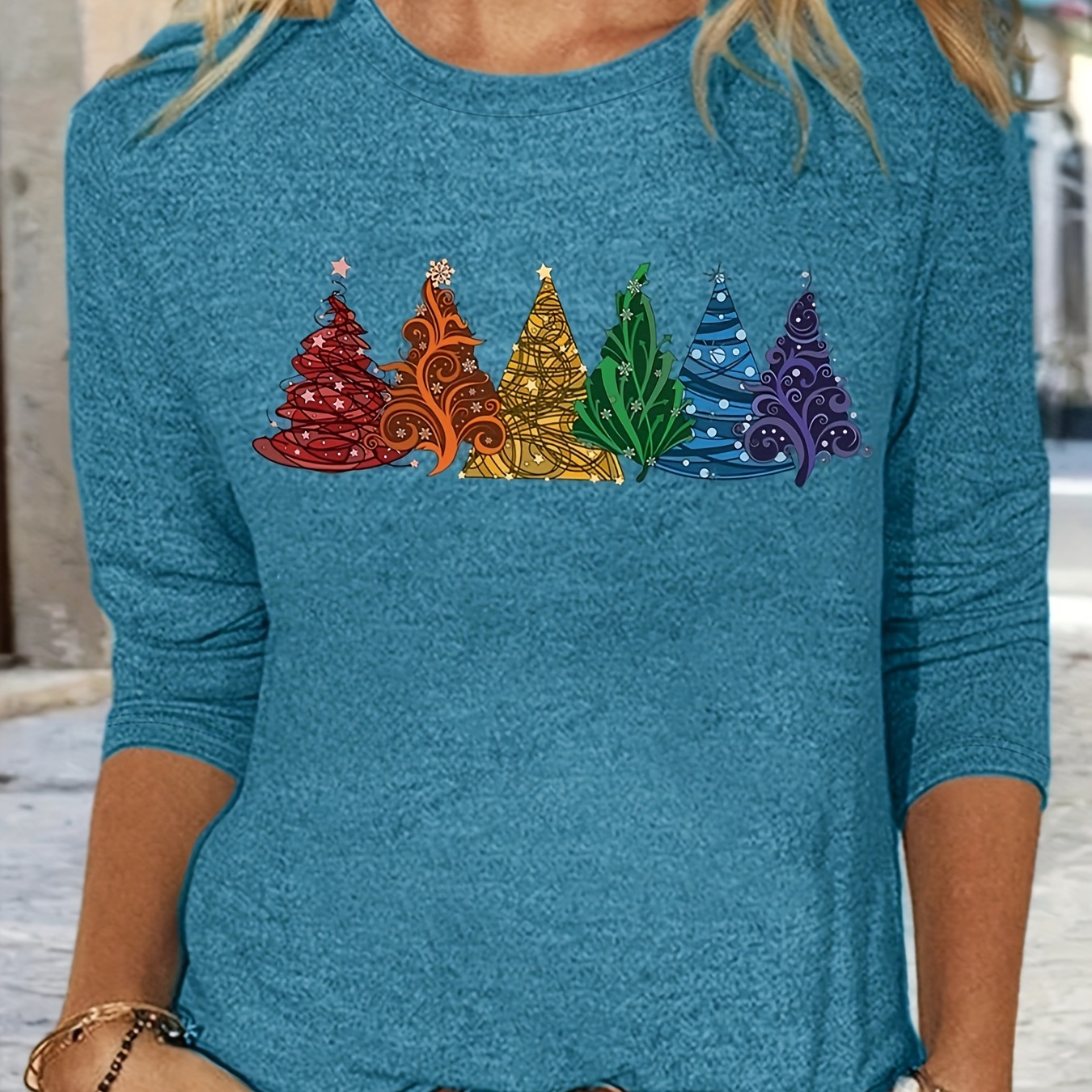 

Christmas Tree Neck T-shirt, Casual Long Sleeve T-shirt For Spring & Fall, Women's Clothing