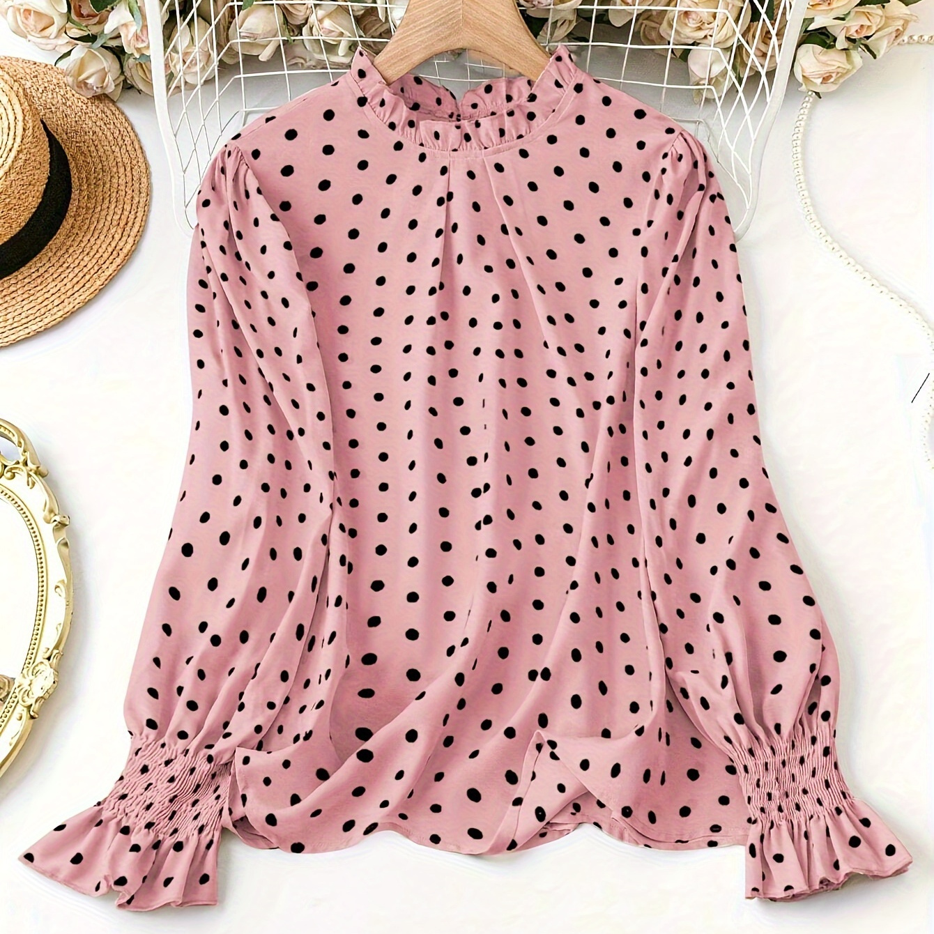 

Plus Size Polka Dot Print Blouse, Vintage Ruffle Neck Shirred Cuff Top For Spring & Fall, Women's Plus Size Clothing