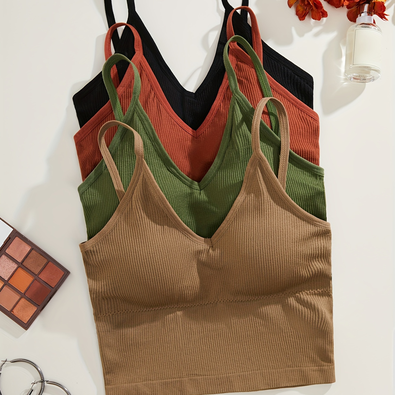 

4pcs Solid Color Ribbed Crop Top Bra, Comfy & Breathable V-neck Sports Bra, Women's Lingerie & Underwear