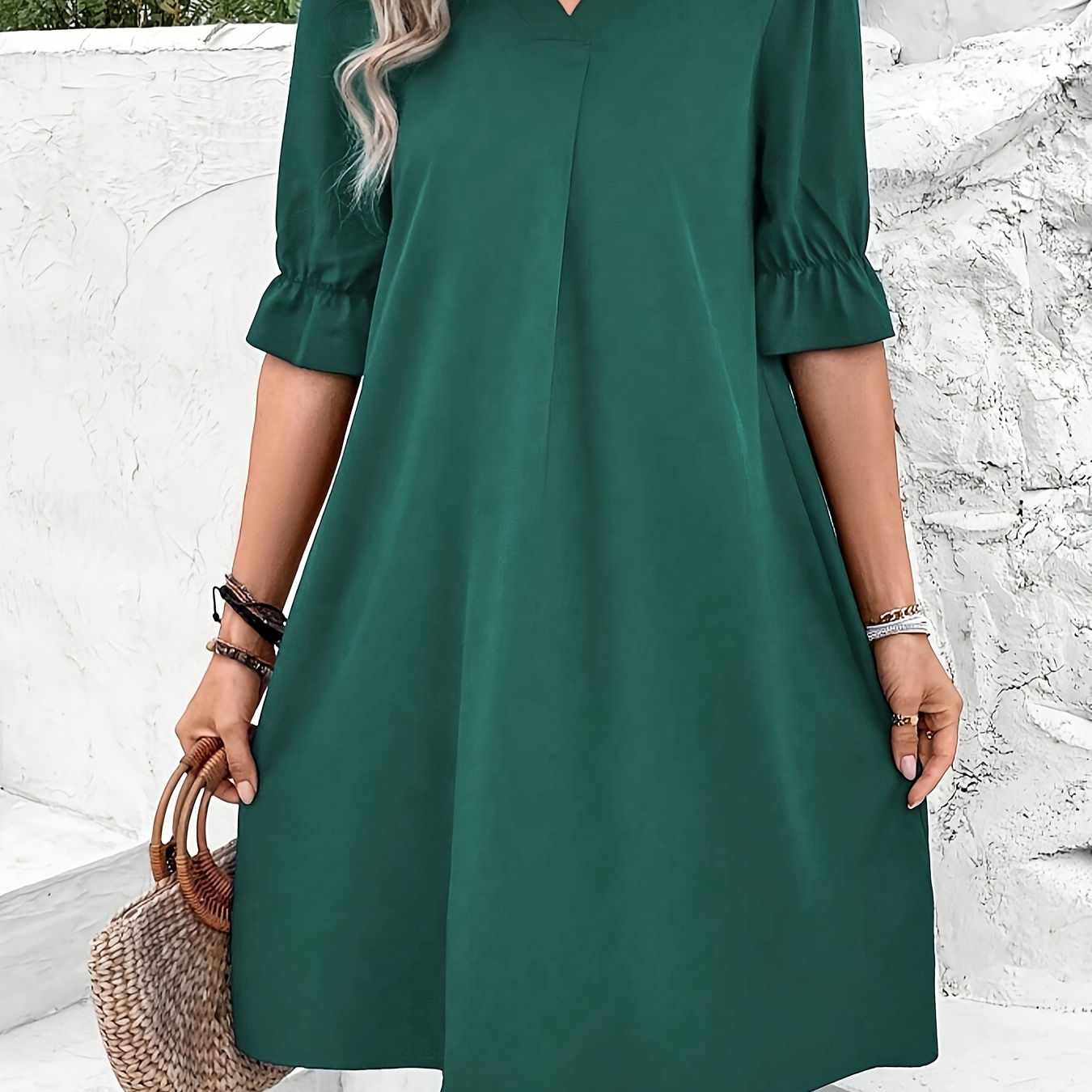 

Women's Casual V-neck Short Sleeve Solid Color Dress - Stylish Commuter Wear, Machine Washable, Polyester And Spandex , Spring/summer/fall