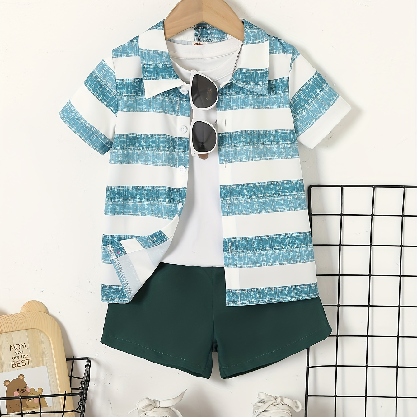 TEMU Boy's 2-piece Set, Striped Short Sleeve Shirt & Shorts, Casual Preppy Style Outfit For Boys