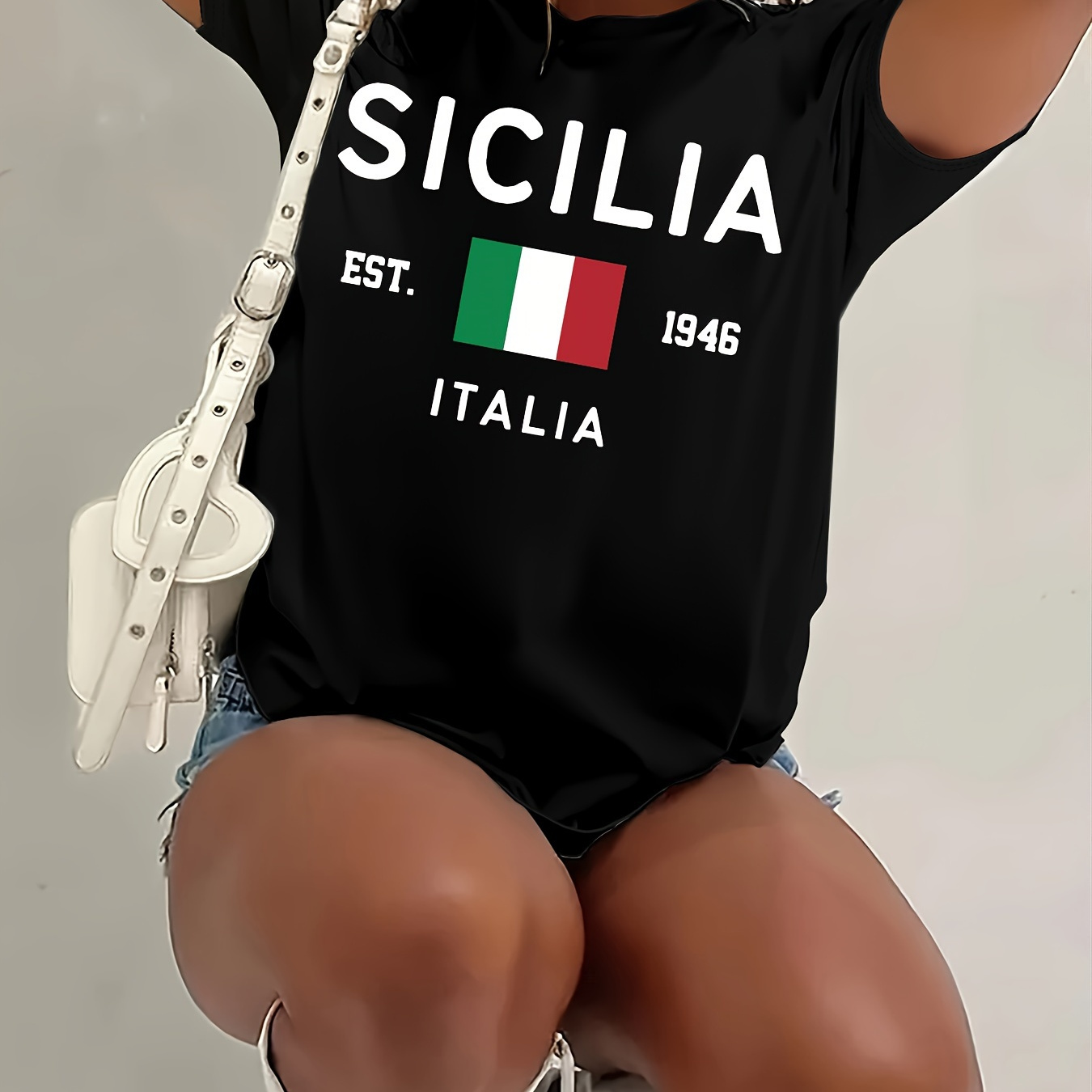 

Sicilia Print Crew Neck T-shirt, Casual Short Sleeve Top For Spring & Summer, Women's Clothing