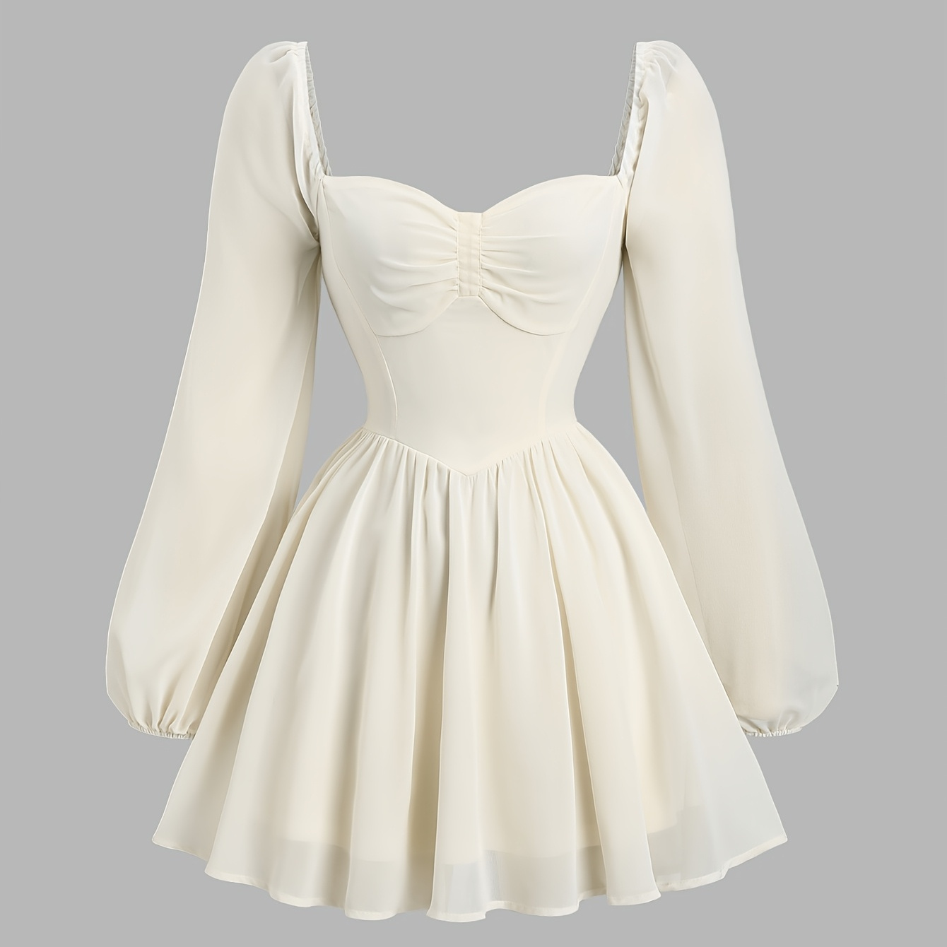 

Robe femme manche longue avec épaule gonflée, robe en polyester tissé avec carrée, couleur unie, jupe évasée, collection mode printemps et été