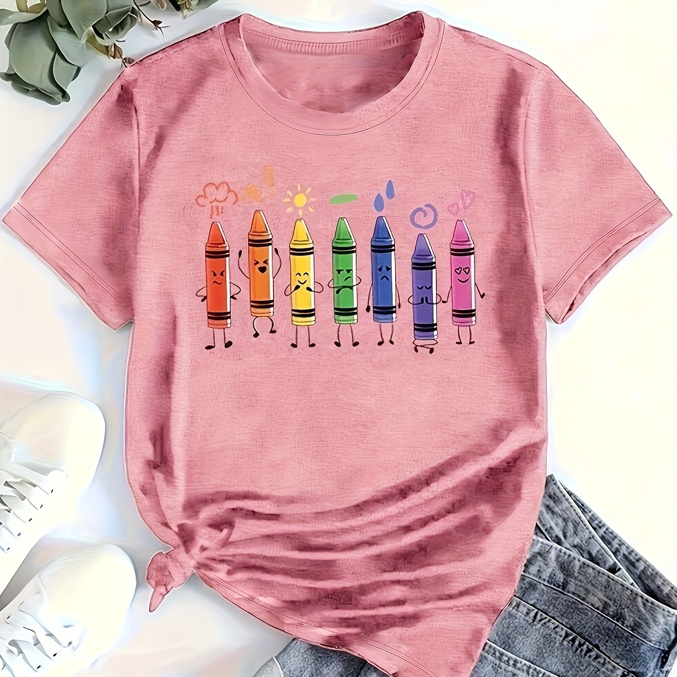 

Crayon Print Crew Neck T-shirt, Casual Short Sleeve T-shirt For Spring & Summer, Women's Clothing