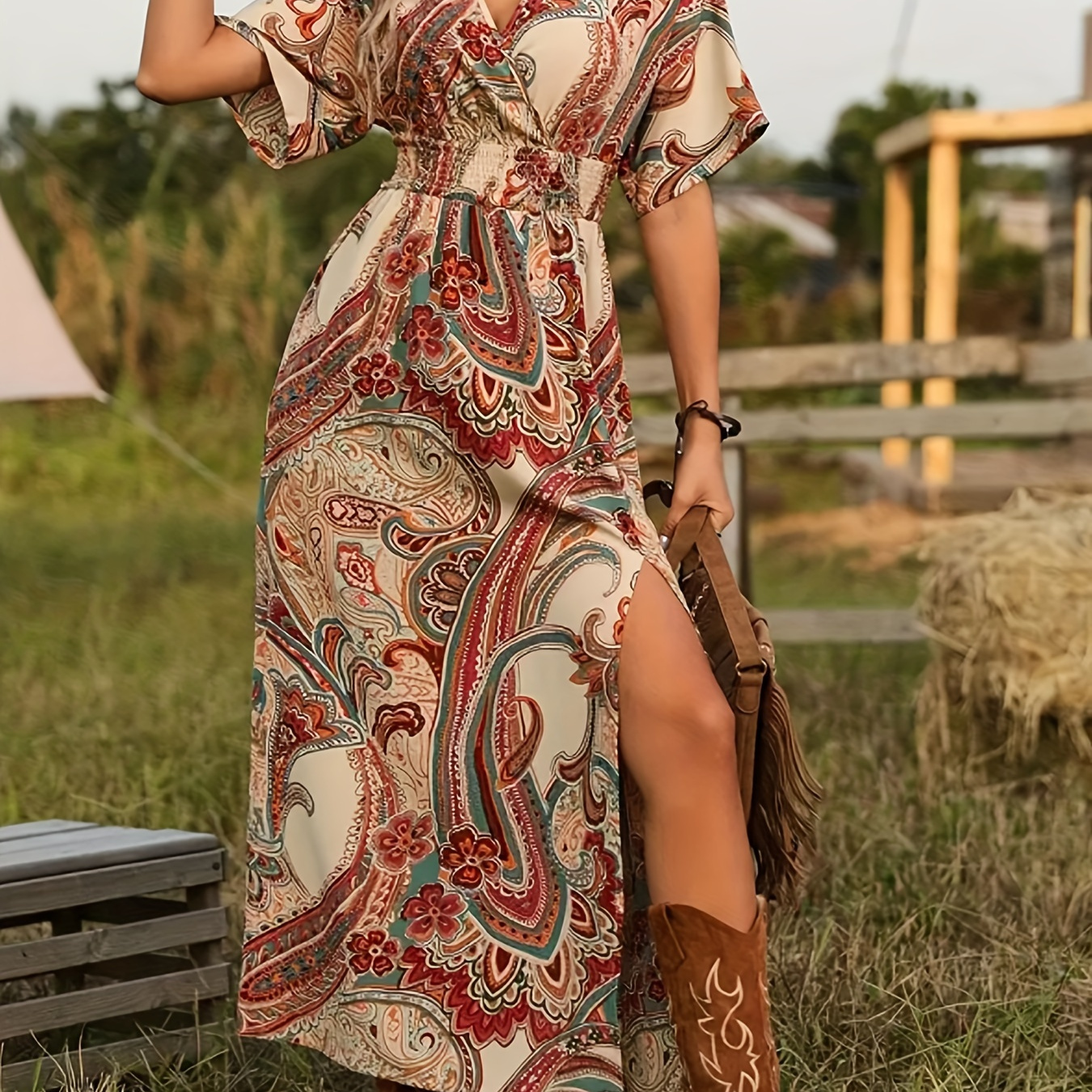 

Paisley Print V Neck Midi Dress, Vacation Shirred Waist Short Sleeve Split Dress For Spring & Summer, Women's Clothing