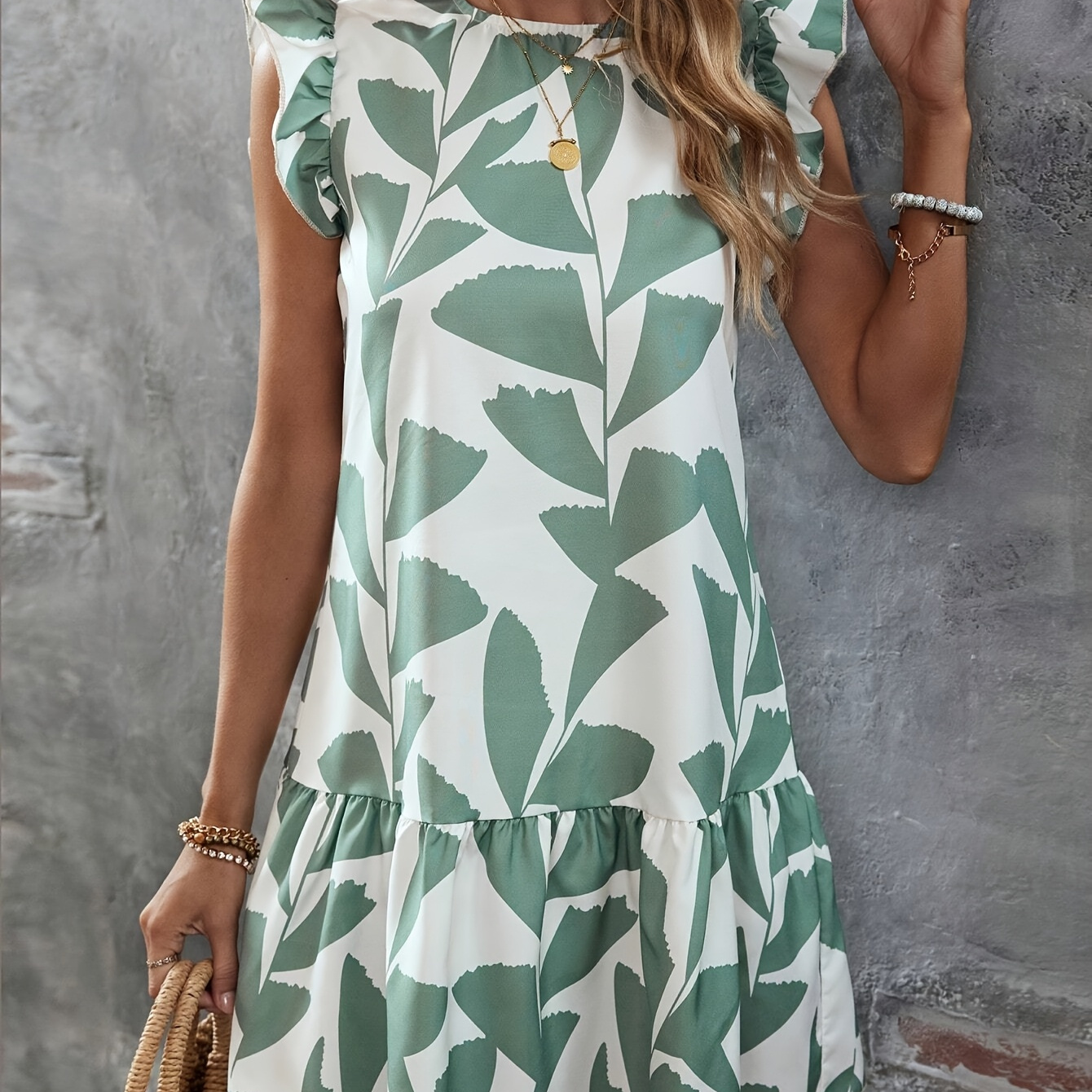 

Women's Print Dress, Elegant Style With Ruffle Sleeves And Tiered Hem, Casual Fashion For , Print, Middle Style, Xia