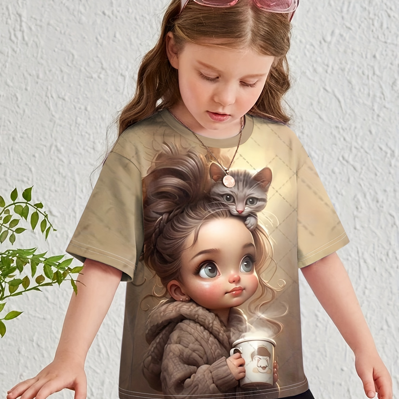 

3d Cartoon Girl Print T-shirt, Girls Casual Crew Neck Short Sleeve Tees For Summer Gift