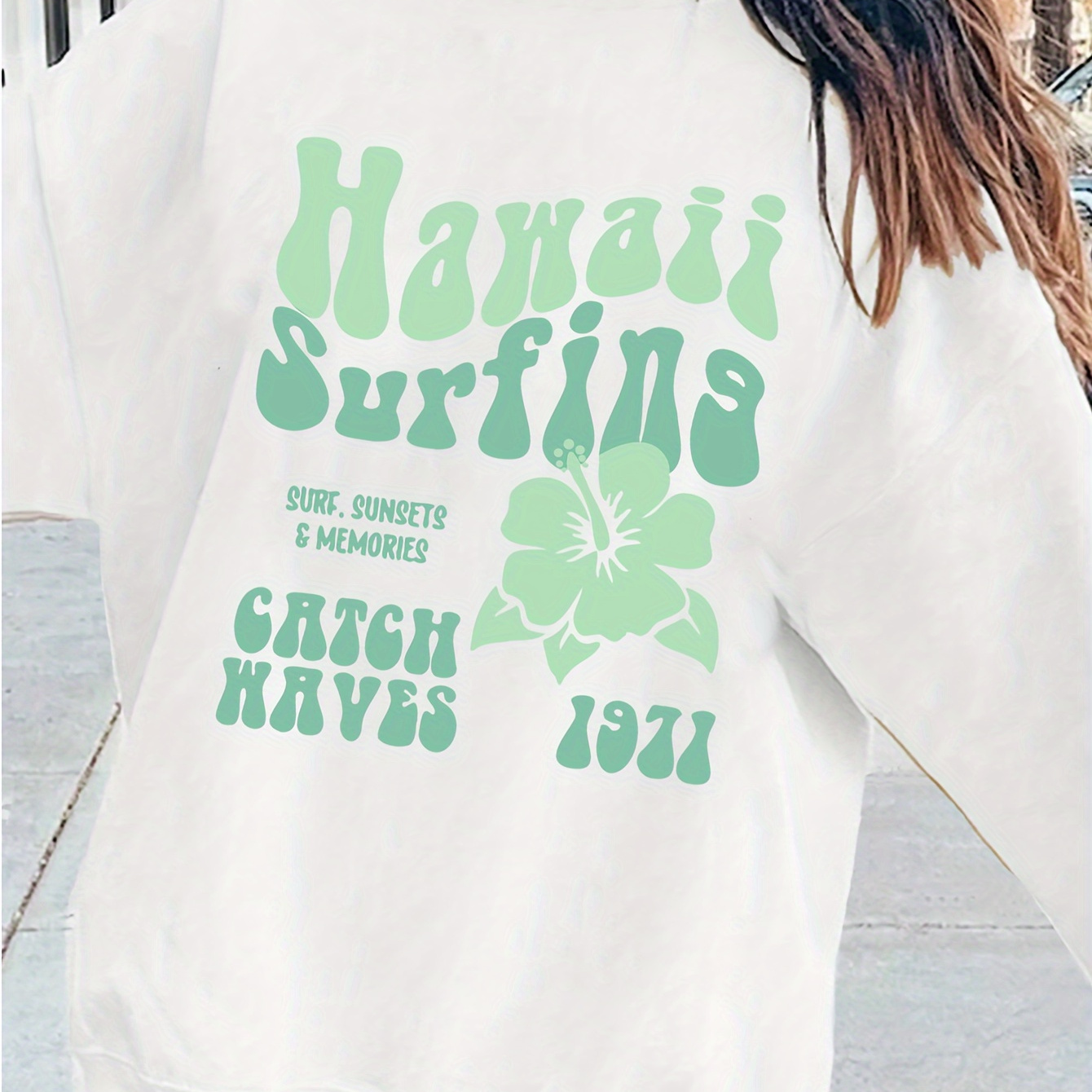 

Hawaii Surfing Casual Crew Neck Sweatshirt - Fall/winter Knit Fabric, Applique Alphabet Design, Polyester 95%, Elastane 5%