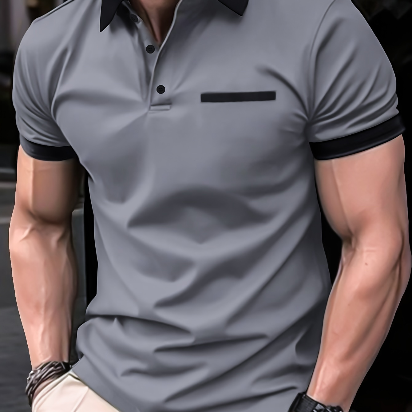 

Men's Contrast Collar Design Short Sleeve Lapel Golf Shirts, Casual Style Slight Stretch Regular Fit Summer Tops, Summer Golf Shirts