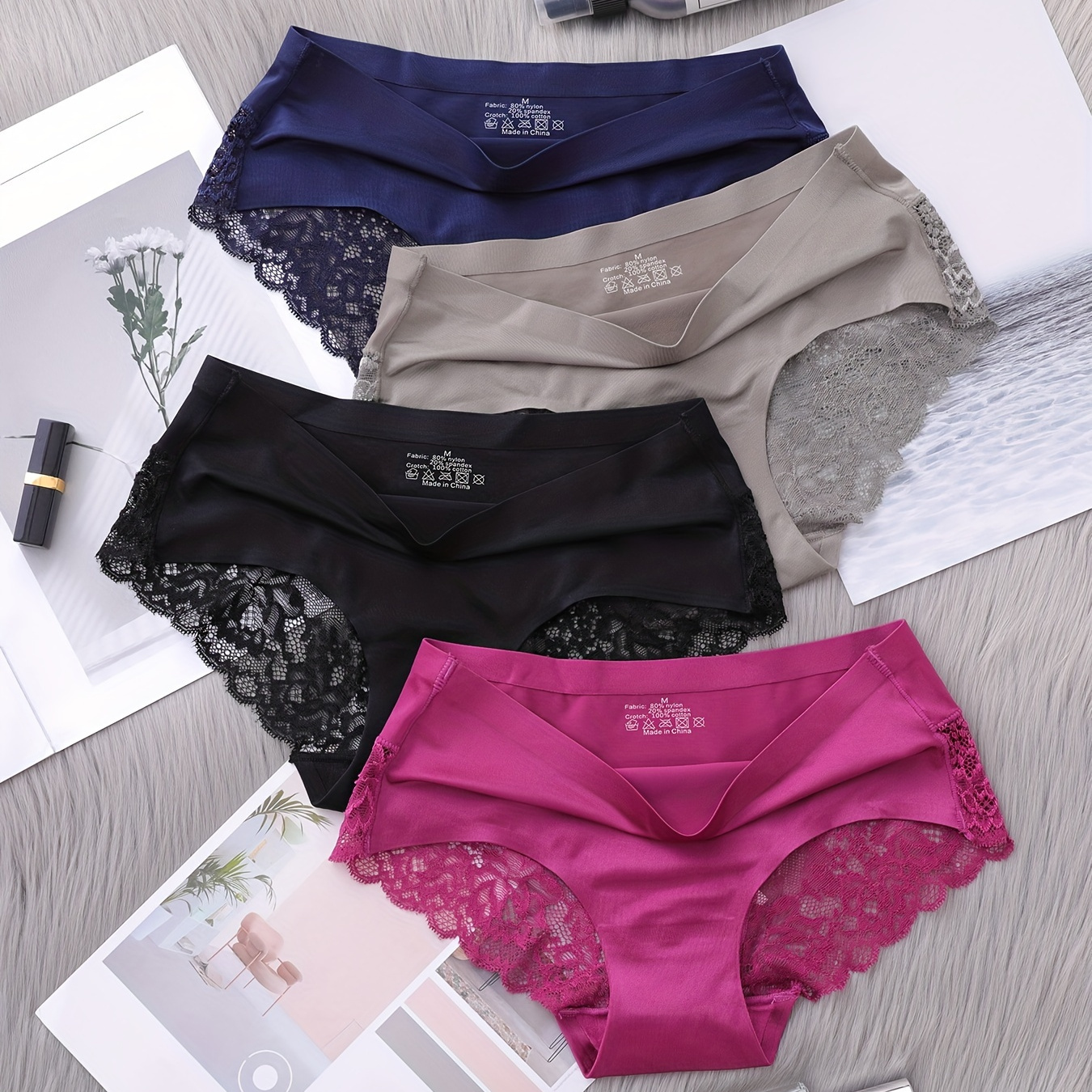 

4pcs Contrast Lace Briefs, Comfy & Breathable Scallop Trim Panties, Women's Lingerie & Underwear