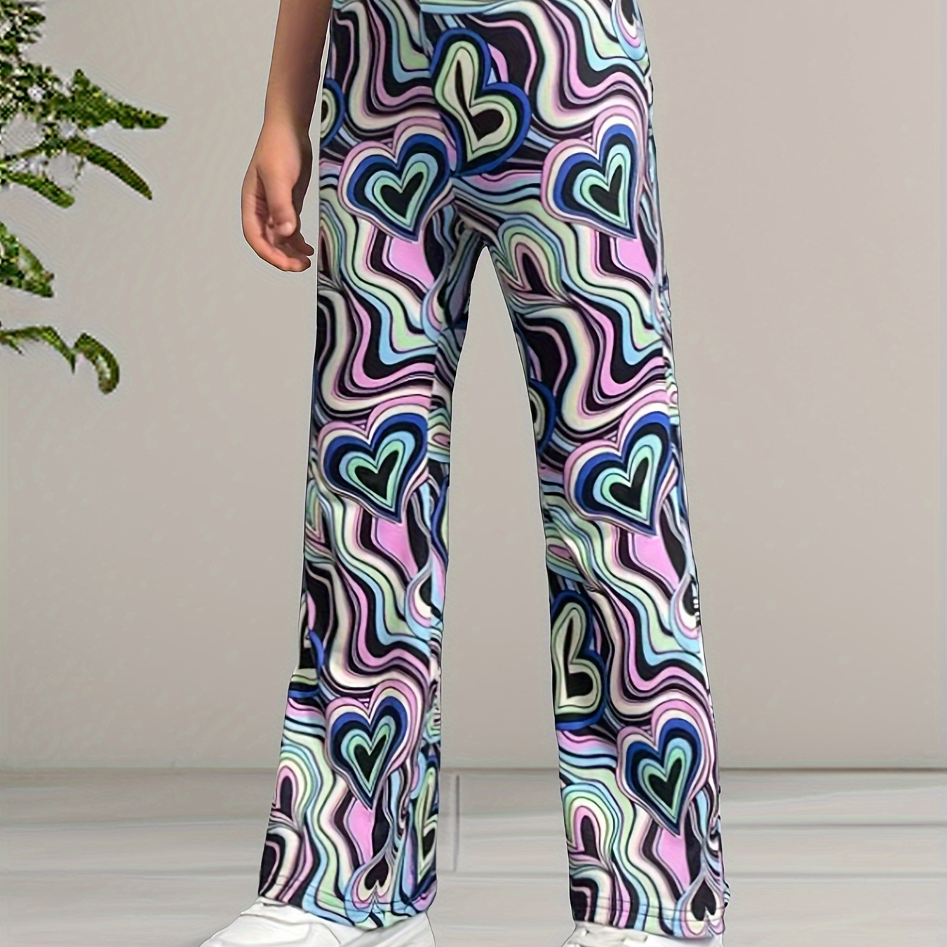 

Girls High & Trendy Allover Hearts Pattern Flared Leggings Pants For Spring & Fall Outdoors