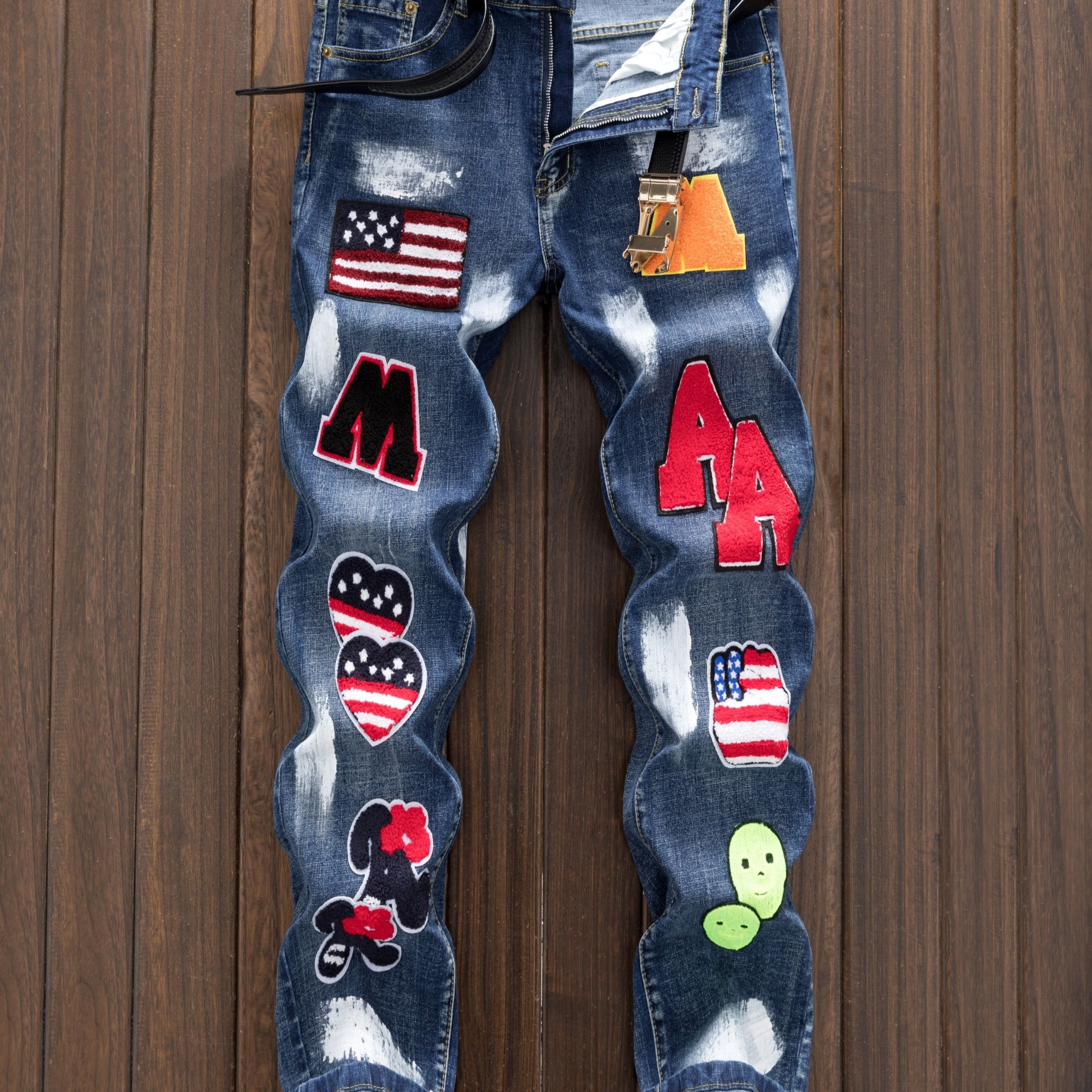 

Men's Denim Pants With Funny Ornaments, Spring Fall Creative Jeans For Males