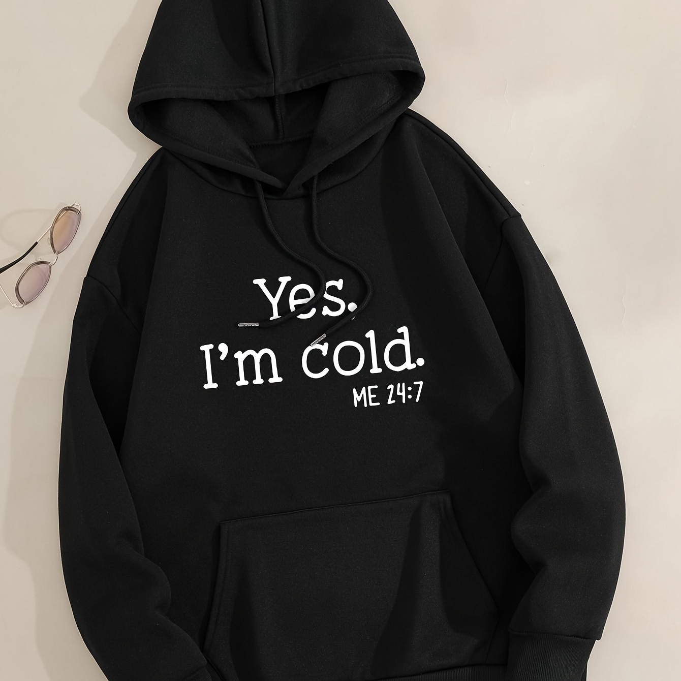 

Yes I'm Cold Print Kangaroo Pocket Hoodie, Casual Long Sleeve Drawstring Hooded Sweatshirt, Women's Clothing