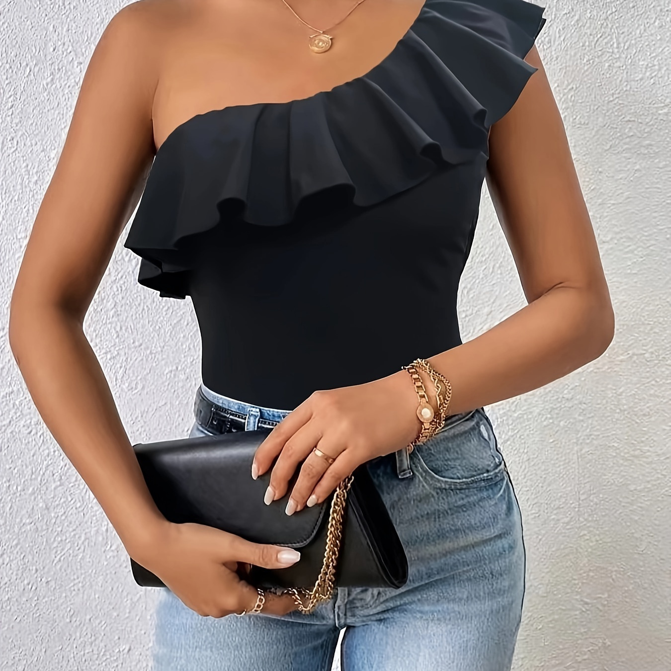 

Ruffle Trim 1 Shoulder Top, Elegant Sleeveless Slim Top For Spring & Summer, Women's Clothing