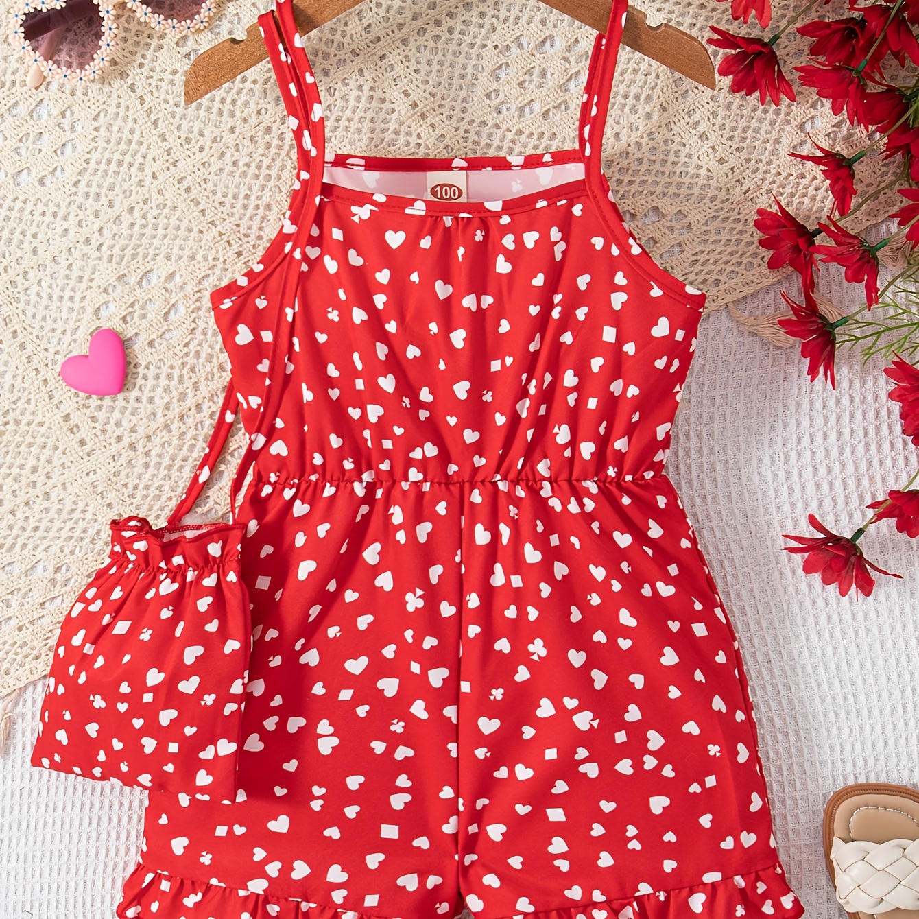 

Allover Dot Print Cami Romper With Bag For Girls, Stylish Summer Versatile Suit Outdoor Jumpsuit Holiday Gift