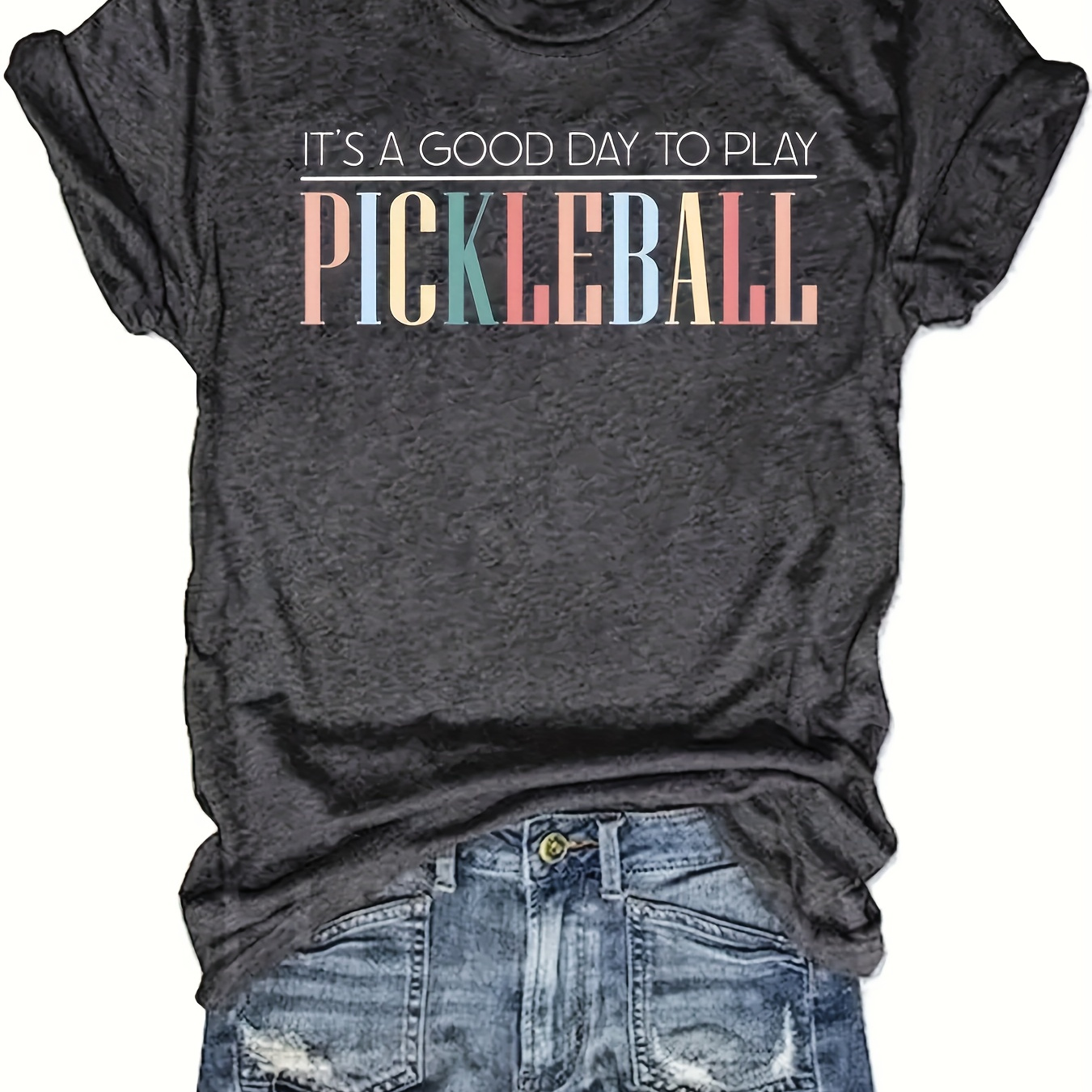 

Plus Size Pickleball Letter Print T-shirt, Short Sleeve Crew Neck Casual Top For Summer & Spring, Women's Plus Size Clothing