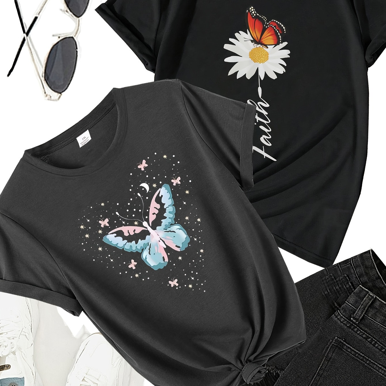 

2 Pack Women's Casual T-shirt, Plus Size Butterfly Print Short Sleeve Round Neck T-shirt 2 Piece Set