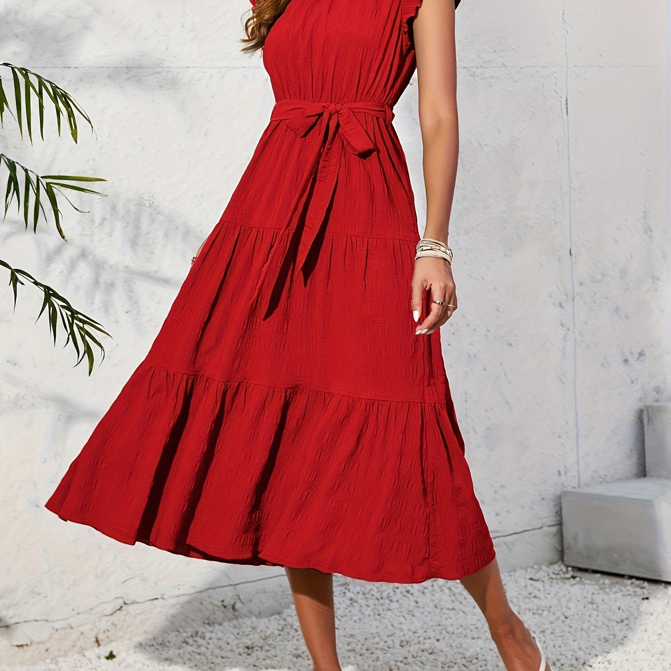 

Spring/summer Solid Color Polyester Stand Collar Belted Layered Ruffle Maxi Dress For Adult Women