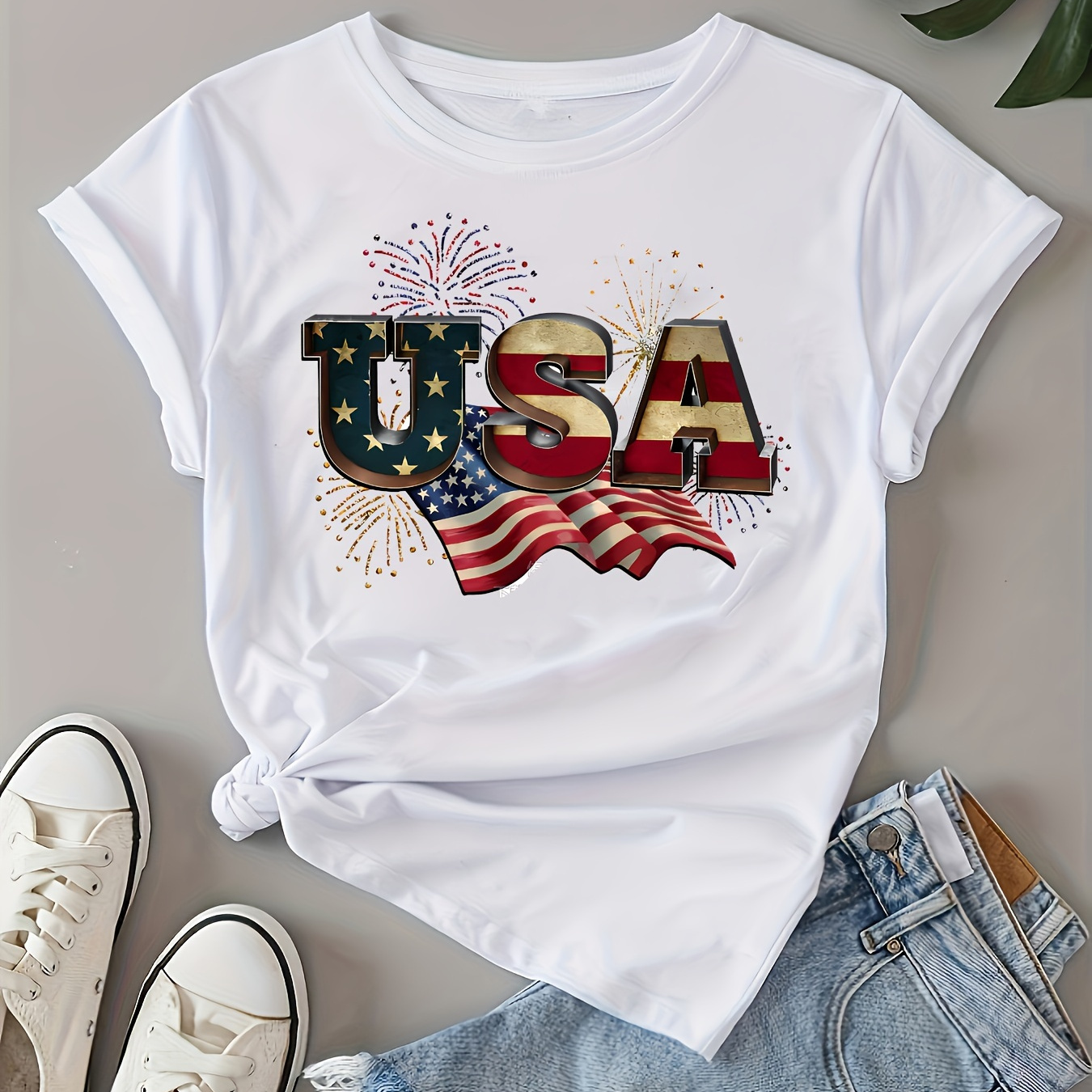 

Usa & Flag Print Crew Neck T-shirt, Casual Short Sleeve T-shirt For Spring & Summer, Women's Clothing